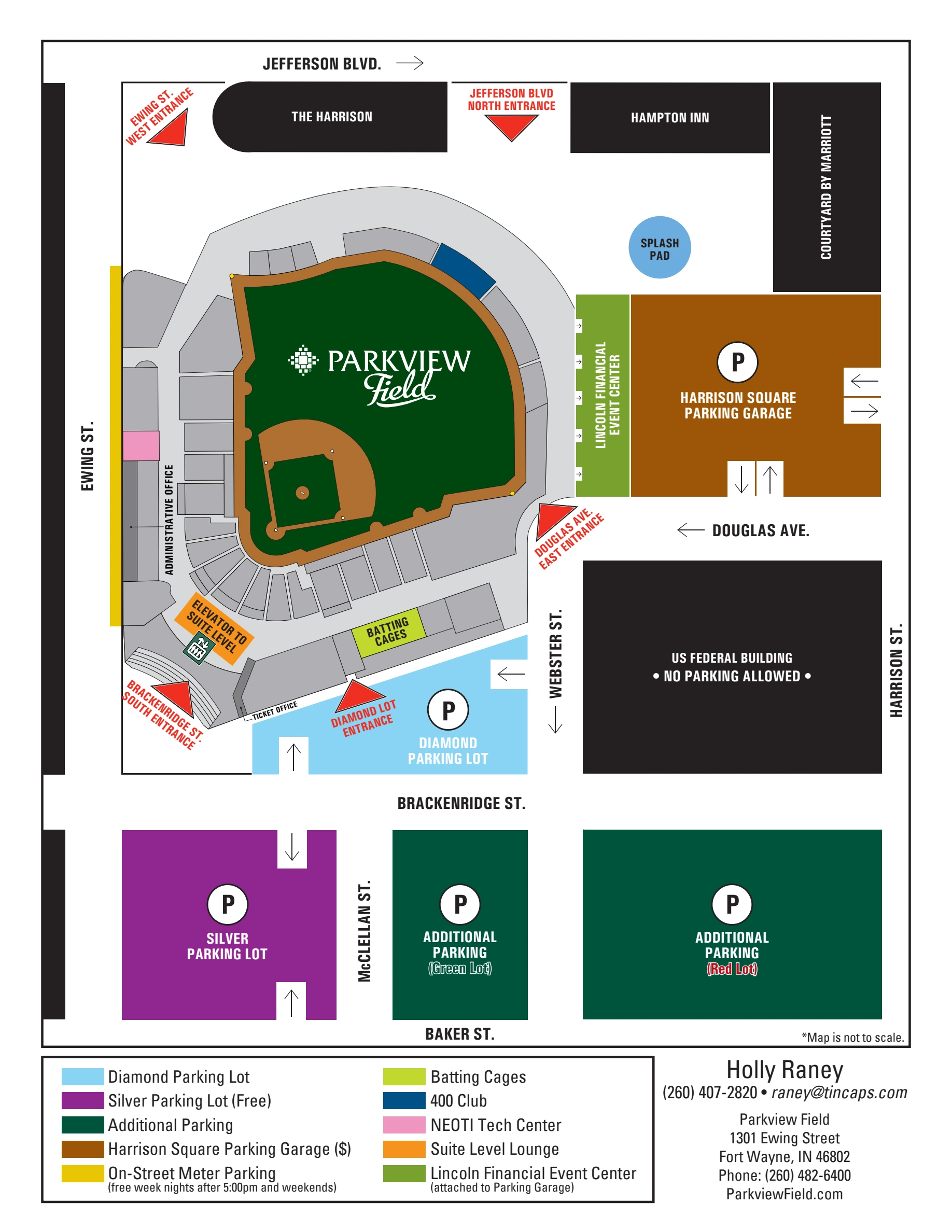 Parkview Field: Venue layout, Arrival · Parkview Field entrances, surrounding streets and parking areas. Use the original map for routes and visitor facilities.