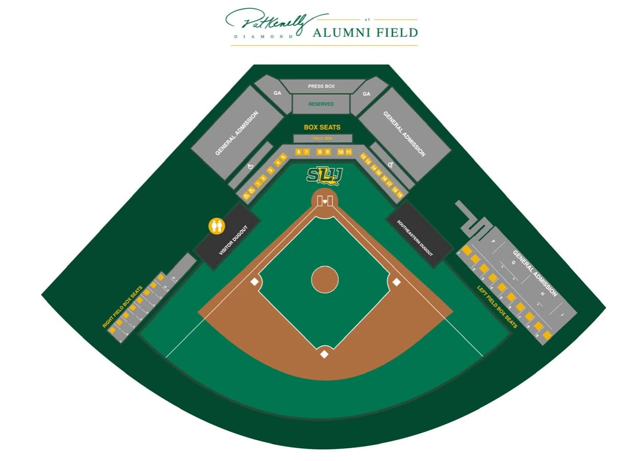 Pat Kenelly Diamond at Alumni Field: Seating chart, Alumni Field — official 2026 baseball seating diagram. Use the source chart for section and row details.
