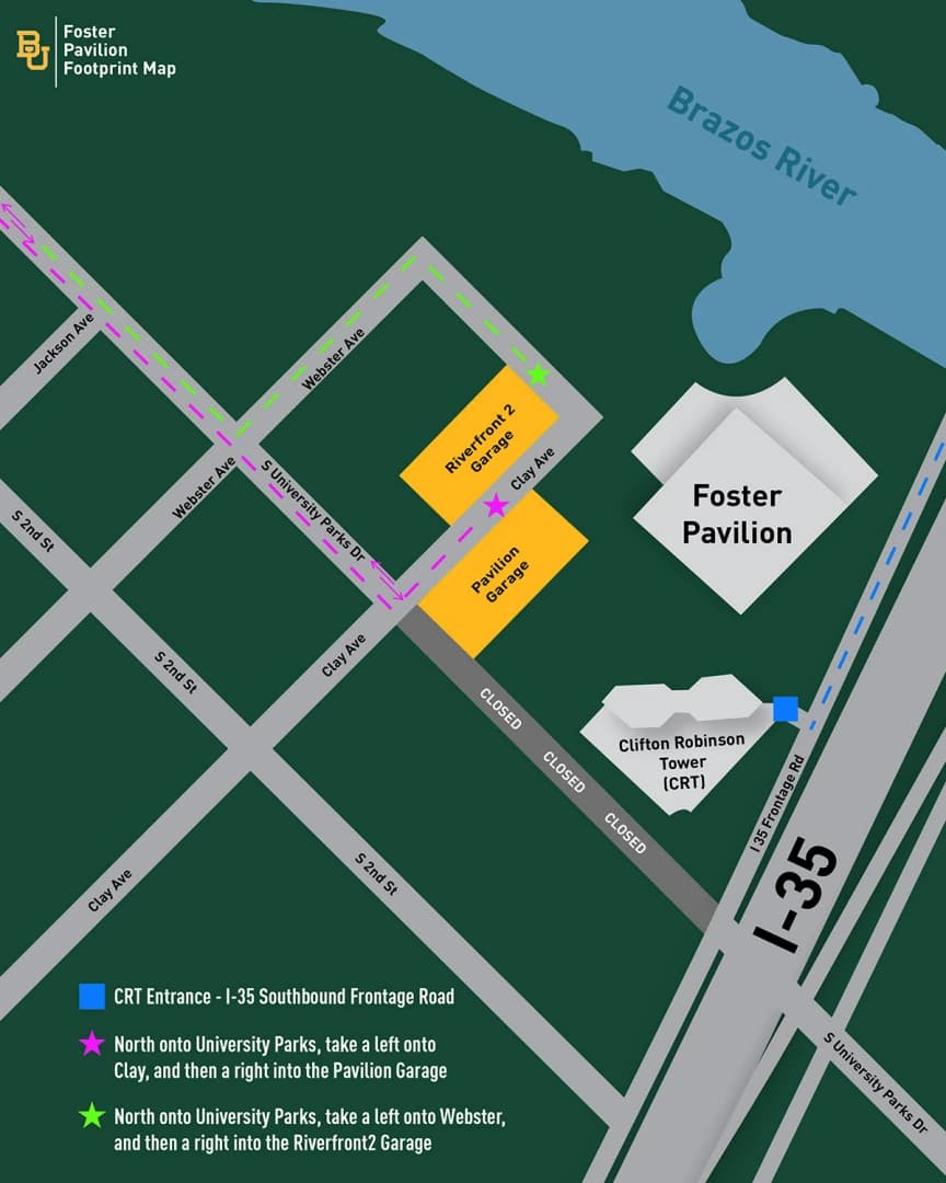 Paul & Alejandra Foster Pavilion: Venue layout, Foster Pavilion — 2024–25 downtown parking approaches. Use the original map for routes and visitor facilities.