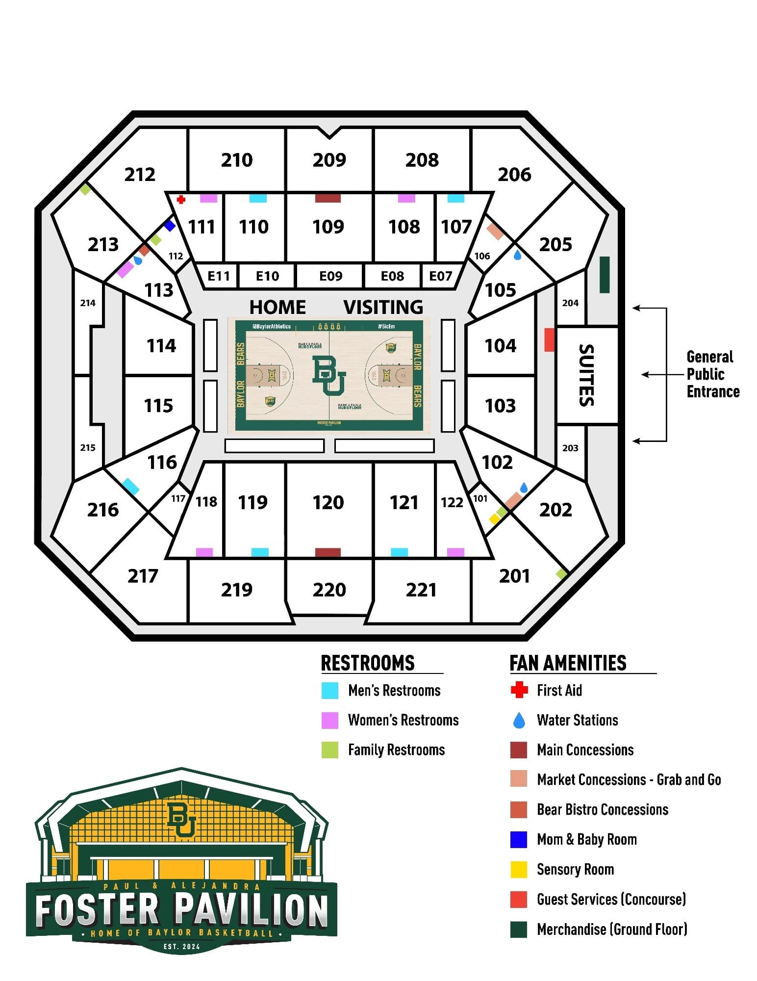 Paul & Alejandra Foster Pavilion: Seating chart, Foster Pavilion — basketball sections and amenities. Use the source chart for section and row details.