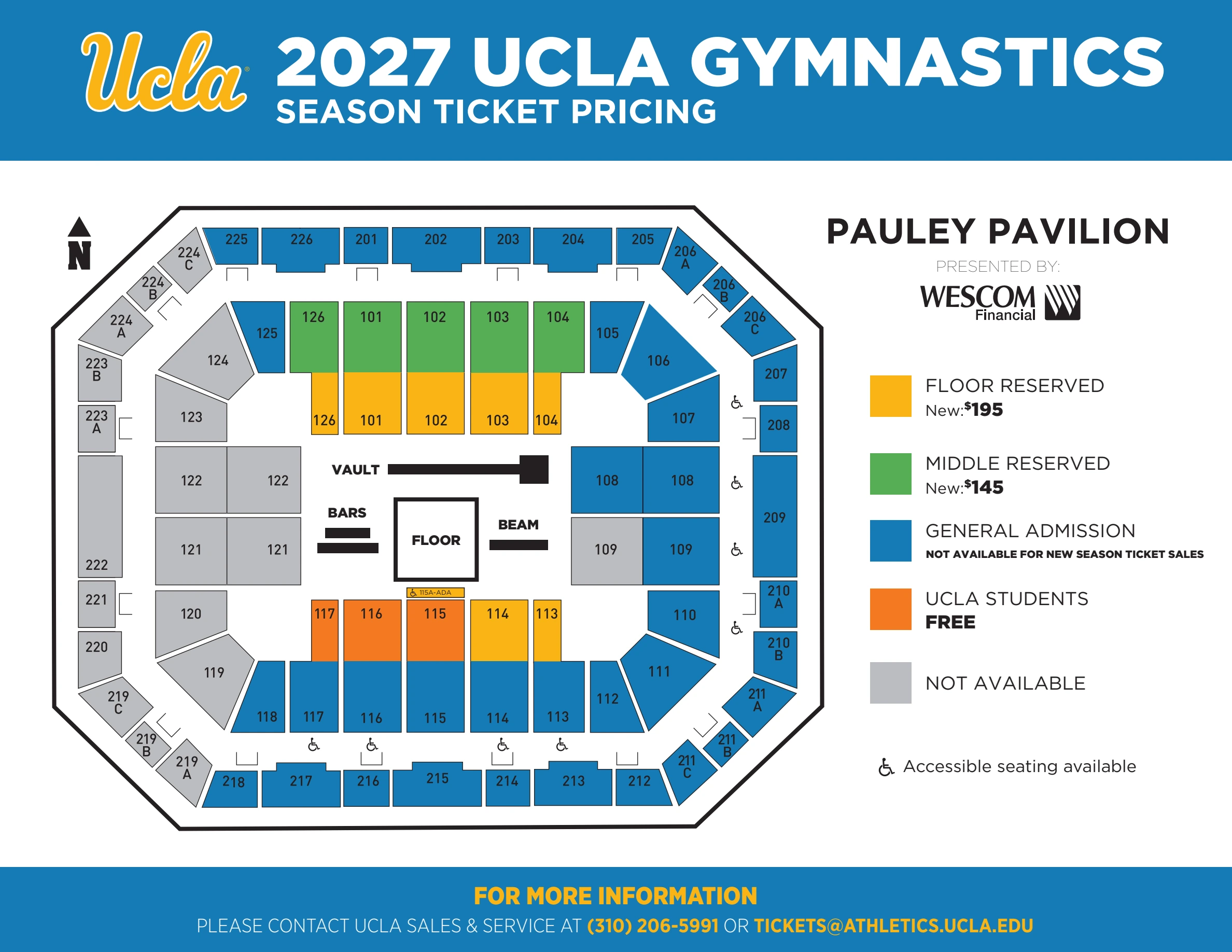 Pauley Pavilion: Seating chart, Pauley Pavilion — 2027 gymnastics apparatus and seating. Use the source chart for section and row details.