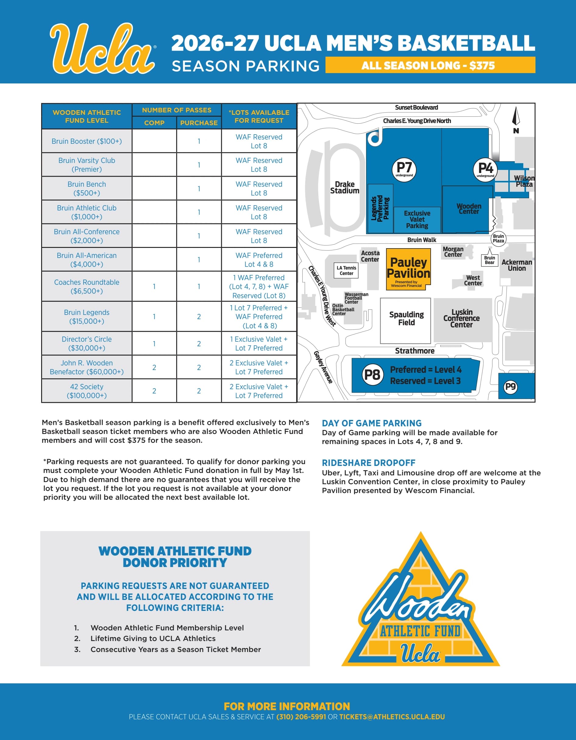 Pauley Pavilion: Venue layout, Pauley Pavilion — 2026–27 basketball parking and rideshare. Use the original map for routes and visitor facilities.