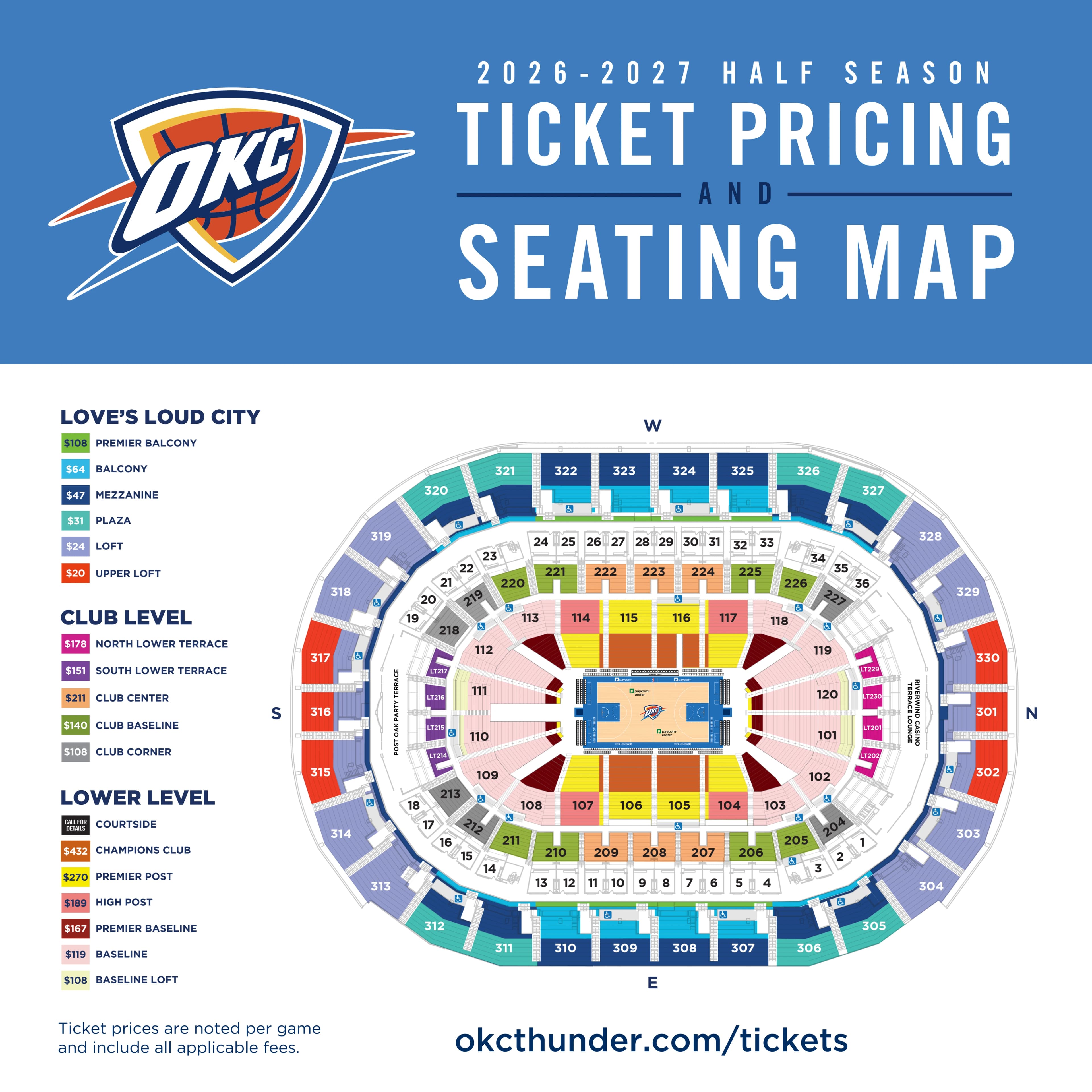Paycom Center: Seating chart, Paycom Center — Thunder 2026–27 half-season section chart. Use the source chart for section and row details.