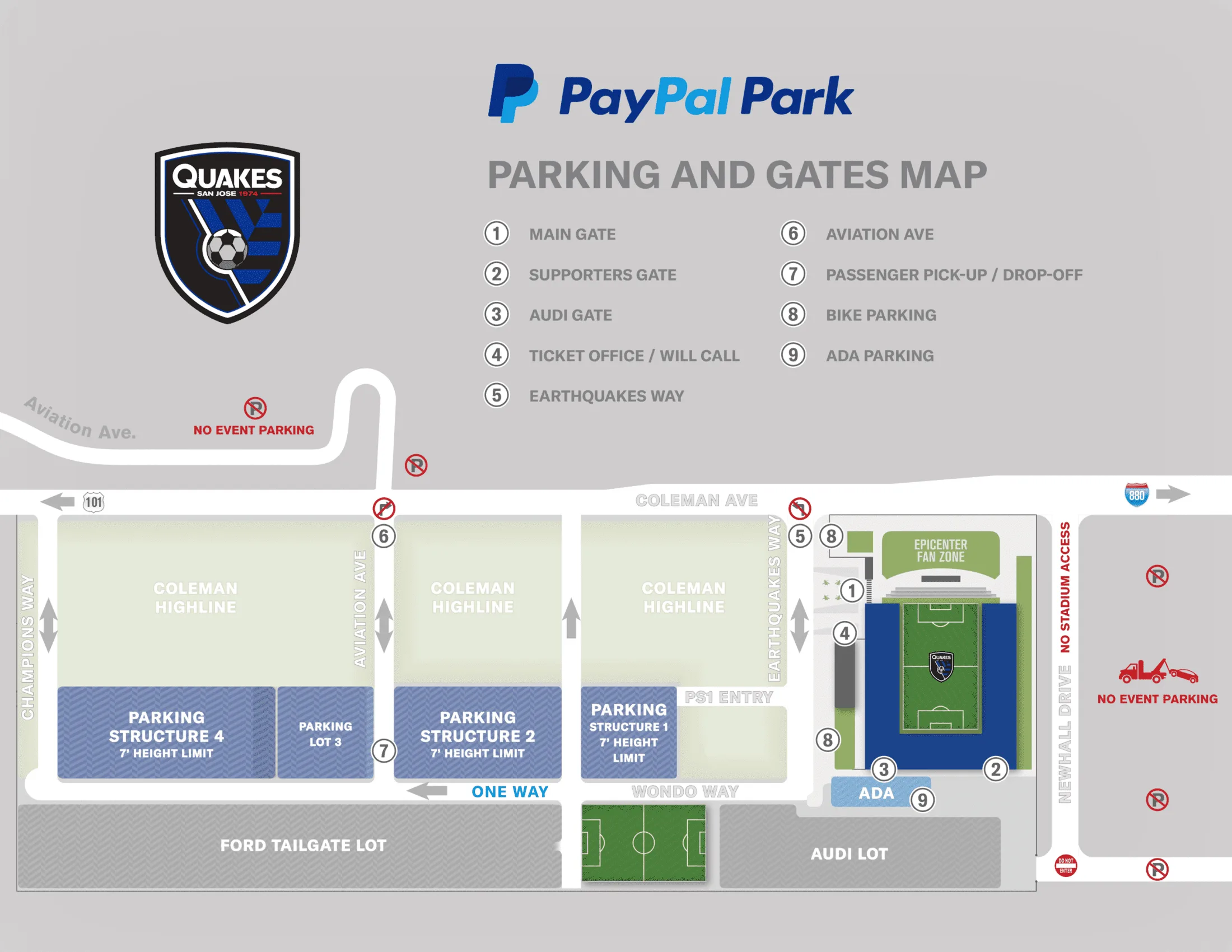 PayPal Park: Venue layout, San Jose Earthquakes — current-linked 2025 PayPal Park parking and gates plan. Use the original map for routes and visitor facilities.