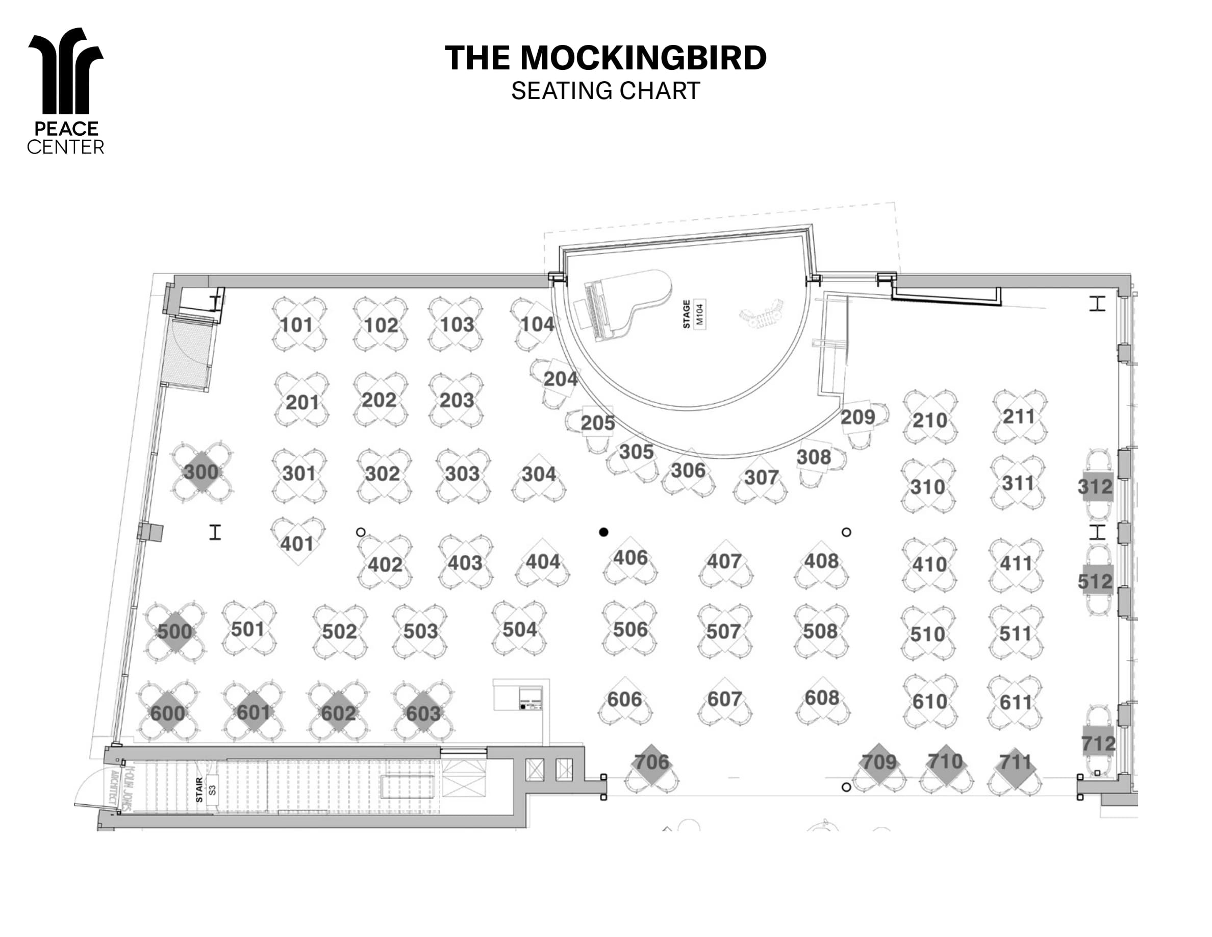 Peace Center Concert Hall: Seating chart, The Mockingbird. Use the source chart for section and row details.