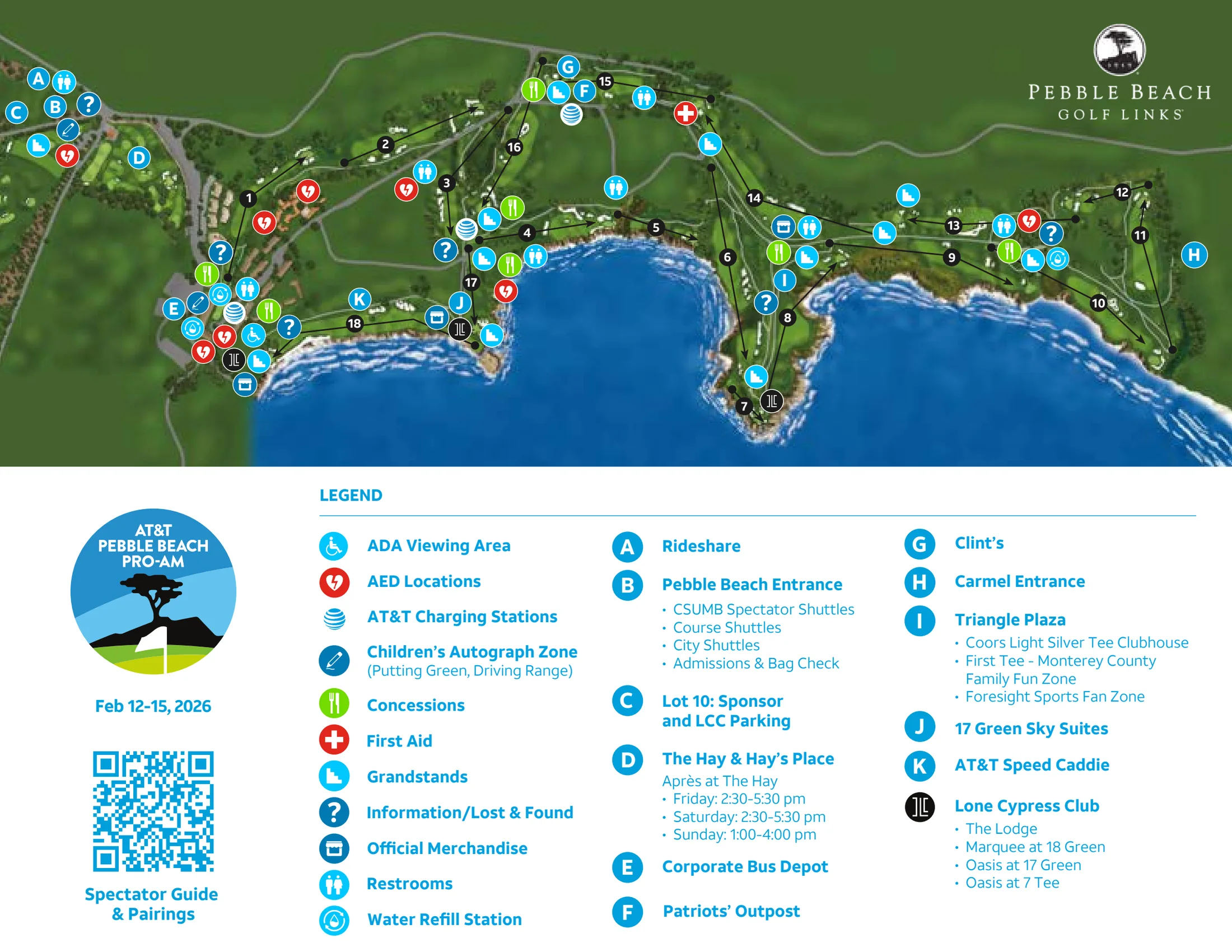 Pebble Beach Golf Links: Venue layout, Pebble Beach — official 2026 AT&T Pro-Am course and spectator plan. Use the original map for routes and visitor facilities.