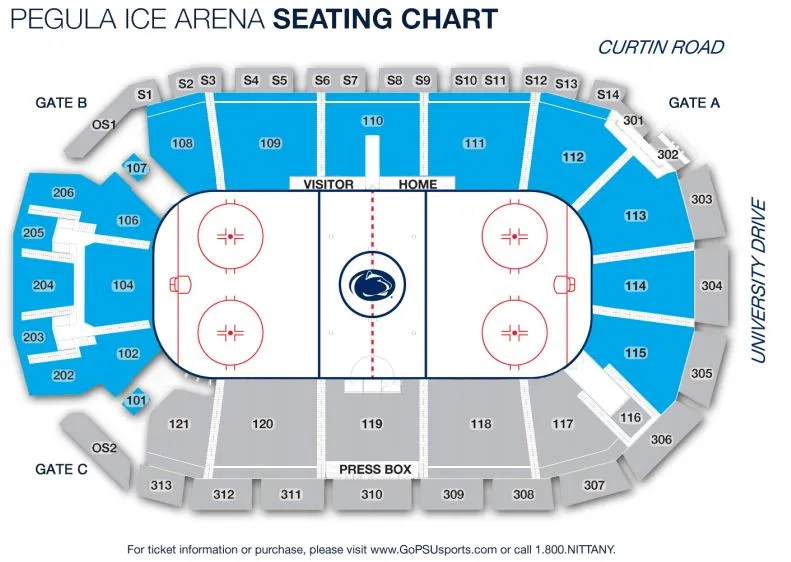 Pegula Ice Arena: Seating chart, Penn State women's hockey seating sections. Use the source chart for section and row details.
