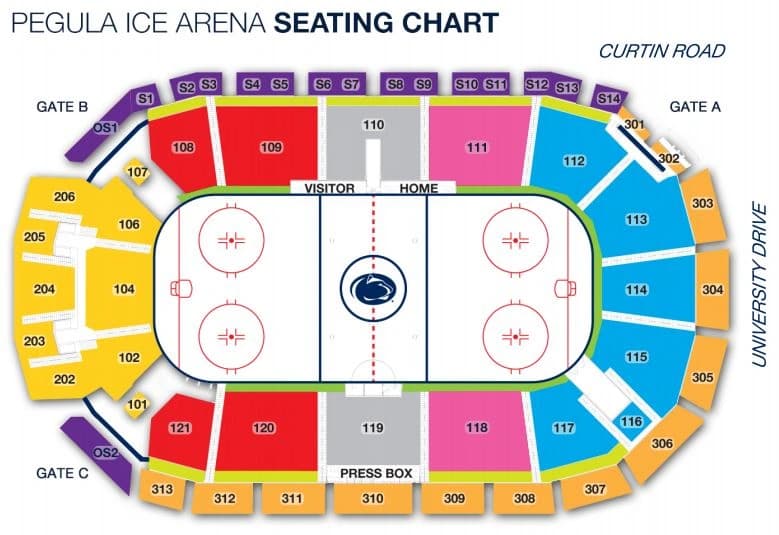 Pegula Ice Arena: Seating chart, Pegula Ice Arena men’s hockey sections and gates — current-linked reference. Use the source chart for section and row details.