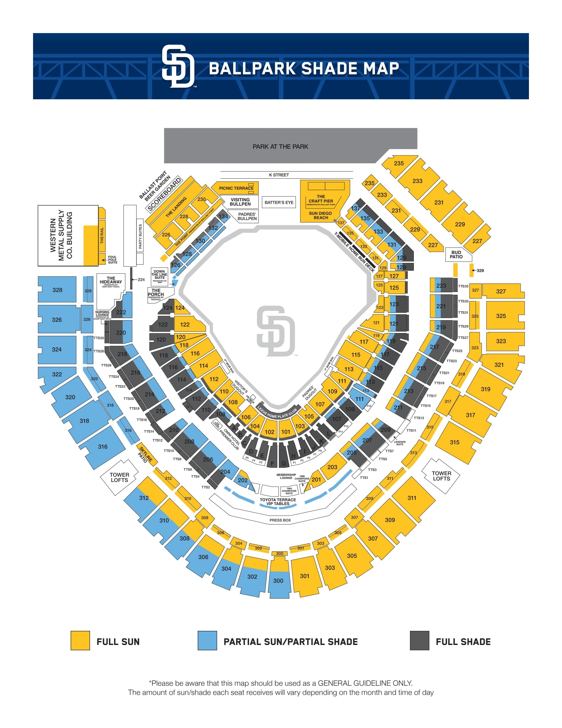 Petco Park: Seating chart, Baseball · sun and shade. Use the source chart for section and row details.