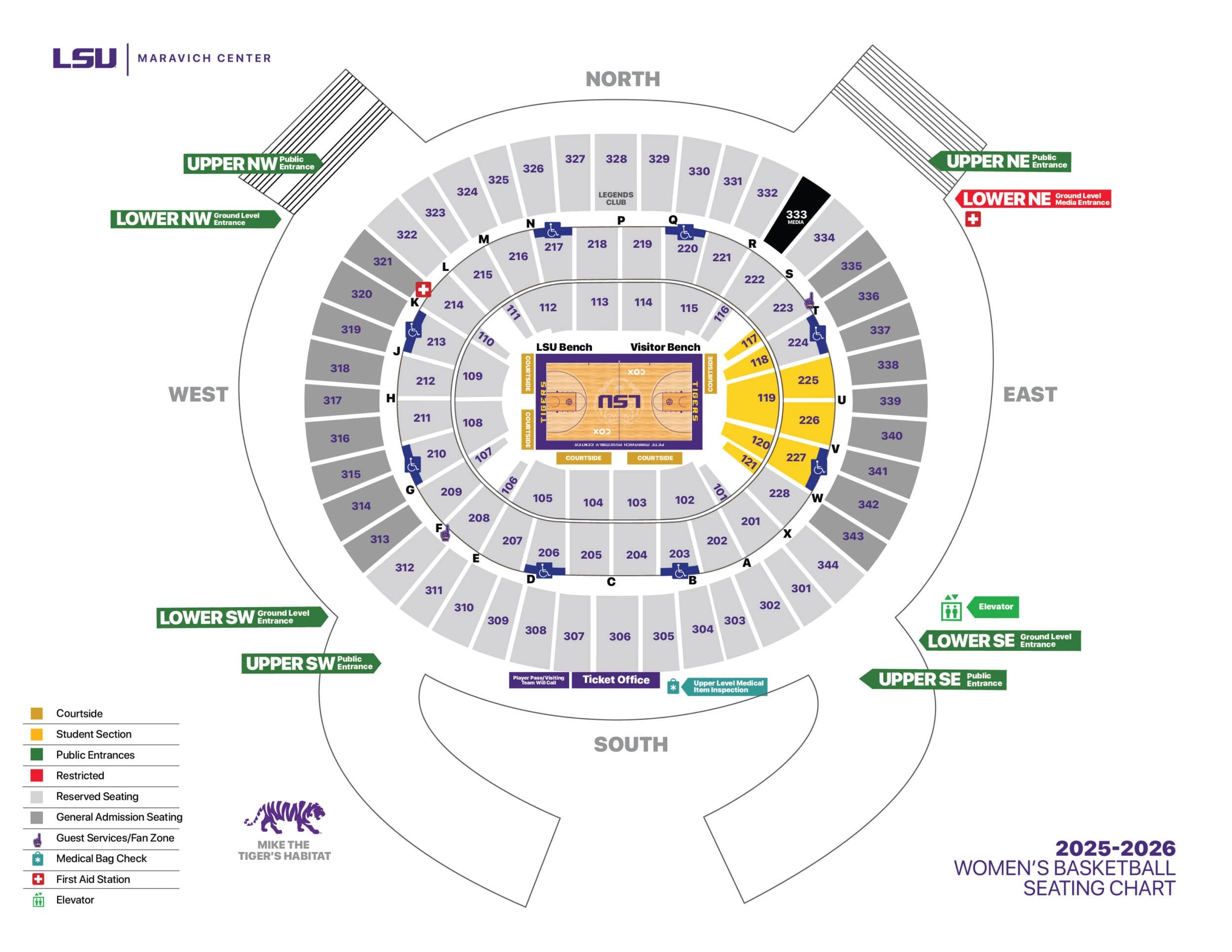 Pete Maravich Assembly Center: Seating chart, Women's basketball · 2025–26. Use the source chart for section and row details.