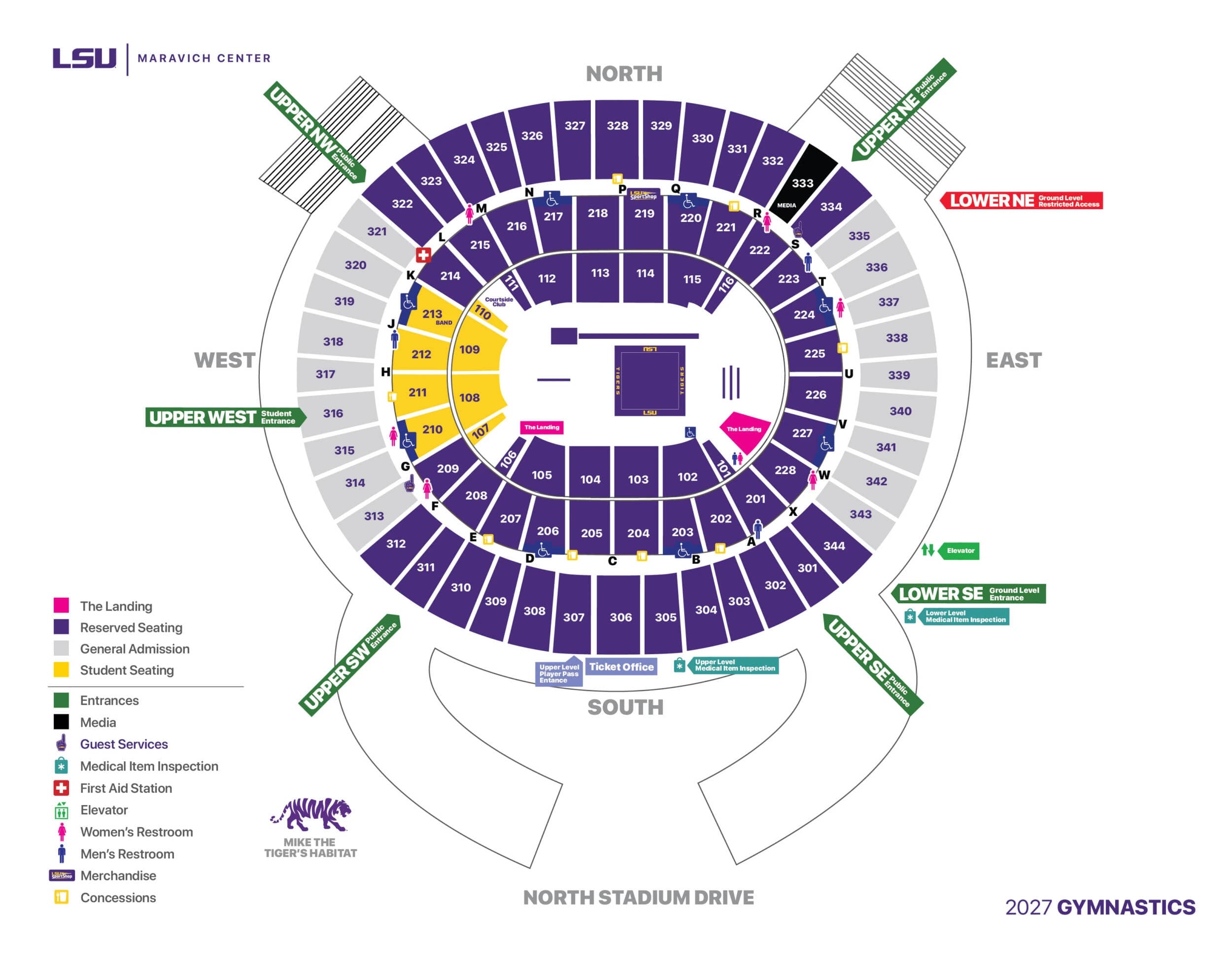 Pete Maravich Assembly Center: Seating chart, LSU gymnastics — 2027. Use the source chart for section and row details.