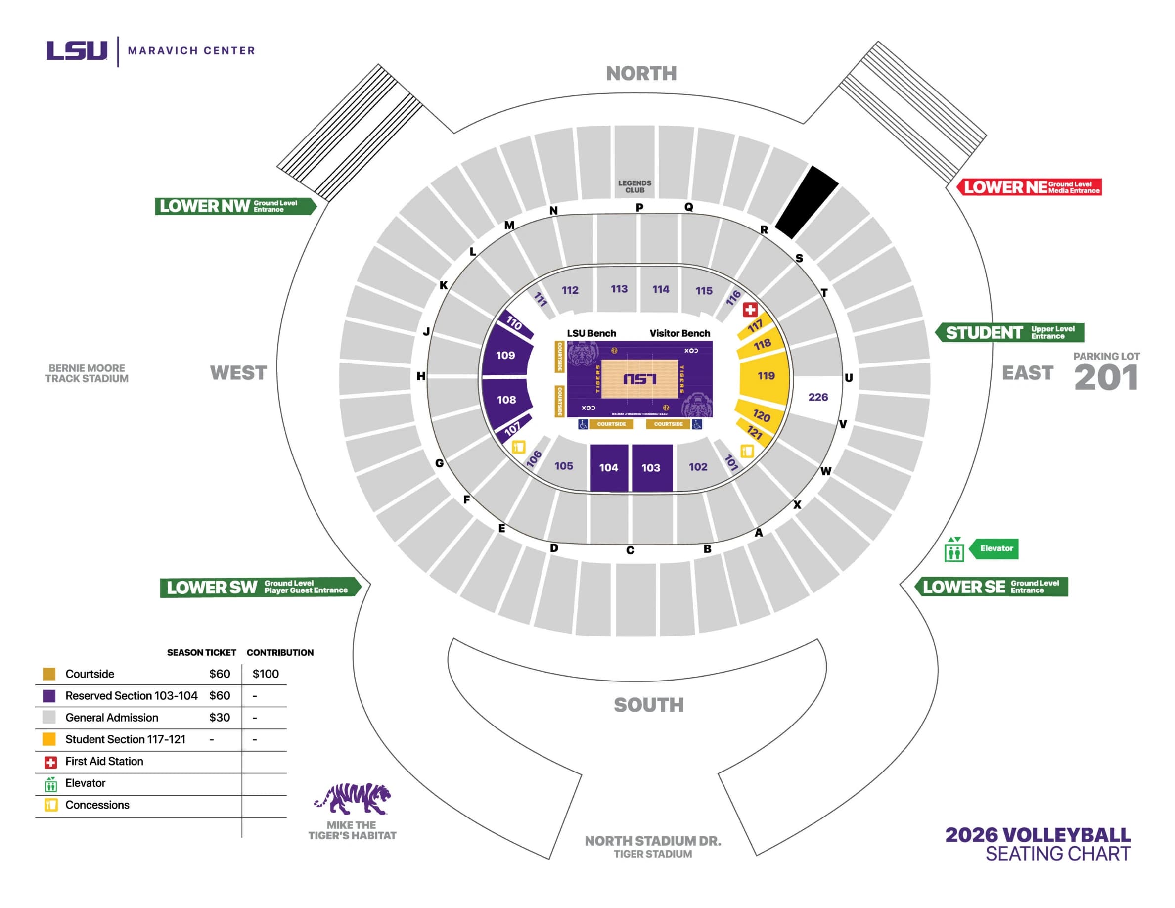 Pete Maravich Assembly Center: Seating chart, LSU volleyball — 2026. Use the source chart for section and row details.