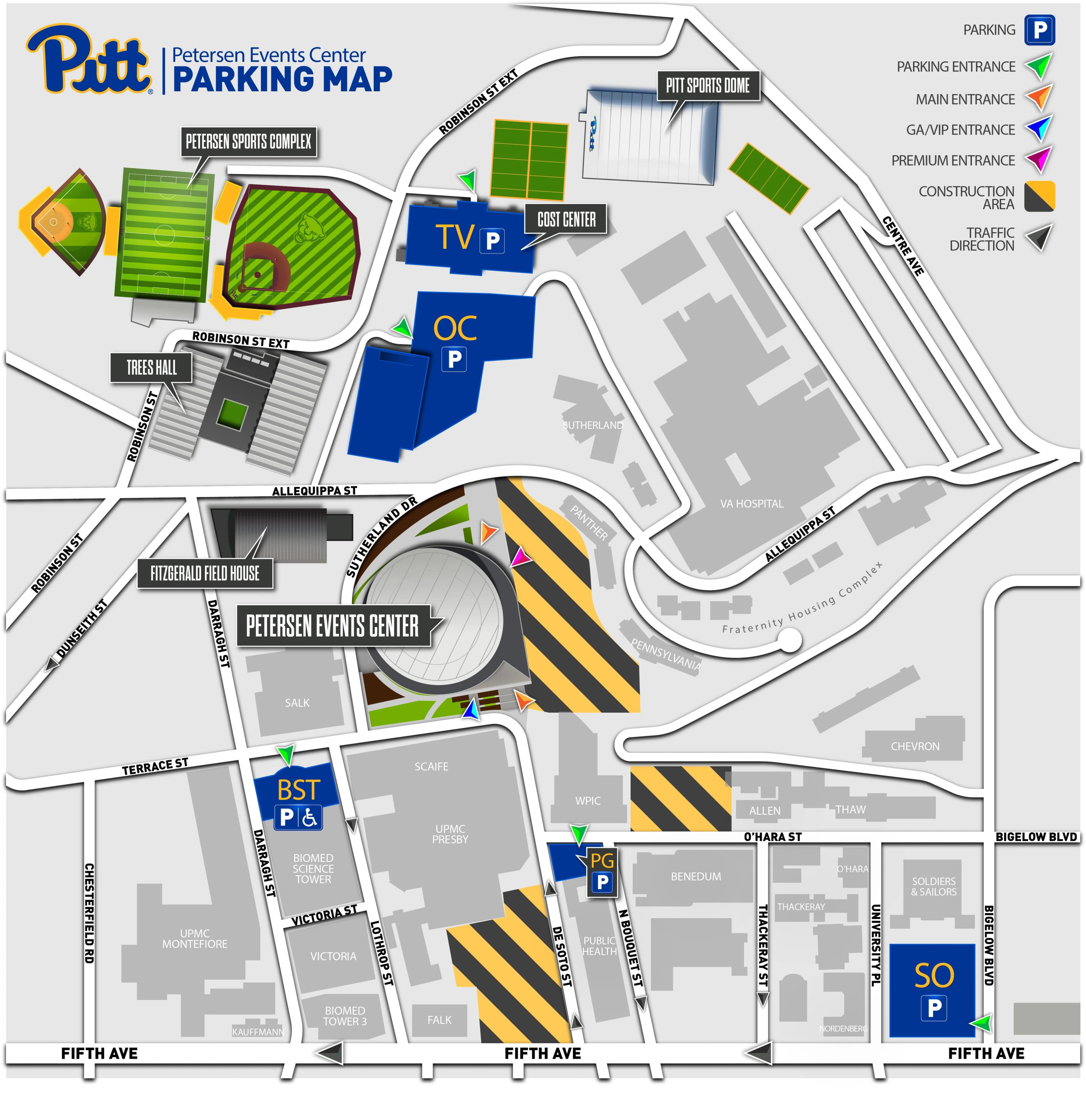 Petersen Events Center: Venue layout, Petersen Events Center — parking and entrance approaches. Use the original map for routes and visitor facilities.