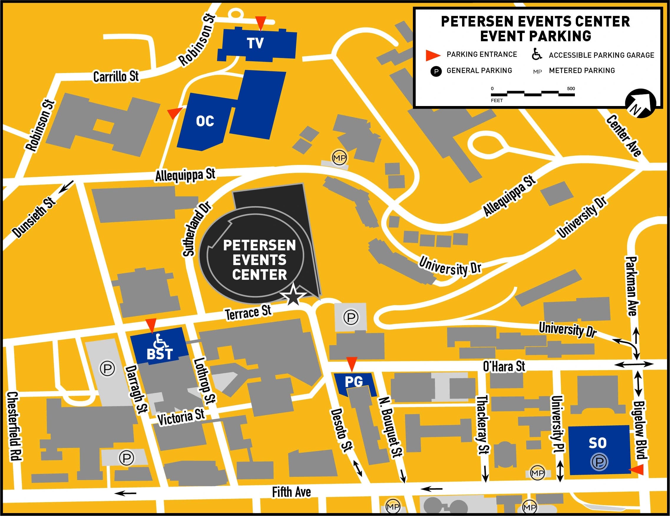 Petersen Events Center: Venue layout, Petersen Events Center — surrounding streets and garages. Use the original map for routes and visitor facilities.
