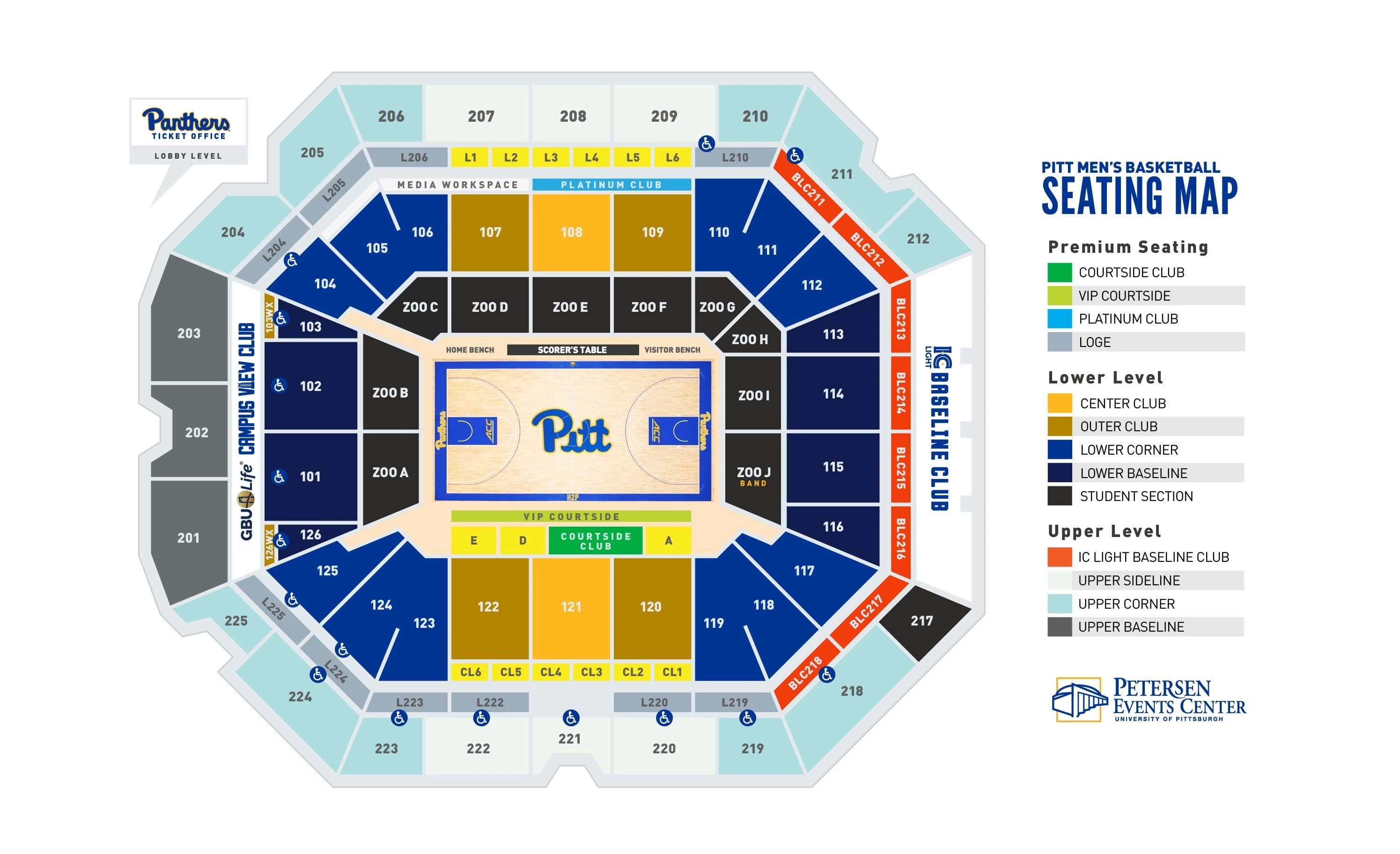 Petersen Events Center: Seating chart, Petersen Events Center — currently linked 2024–25 Pitt basketball chart. Use the source chart for section and row details.