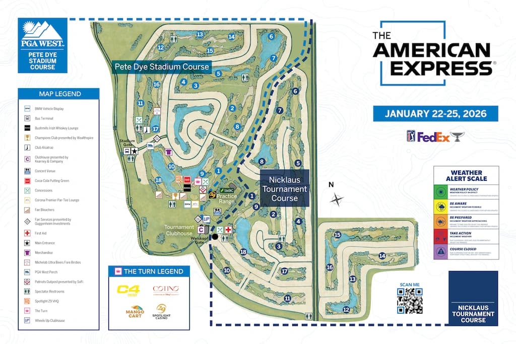 PGA WEST Pete Dye Stadium Course: Venue layout, January 22–25, 2026 American Express · Stadium and Nicklaus course reference. Use the original map for routes and visitor facilities.