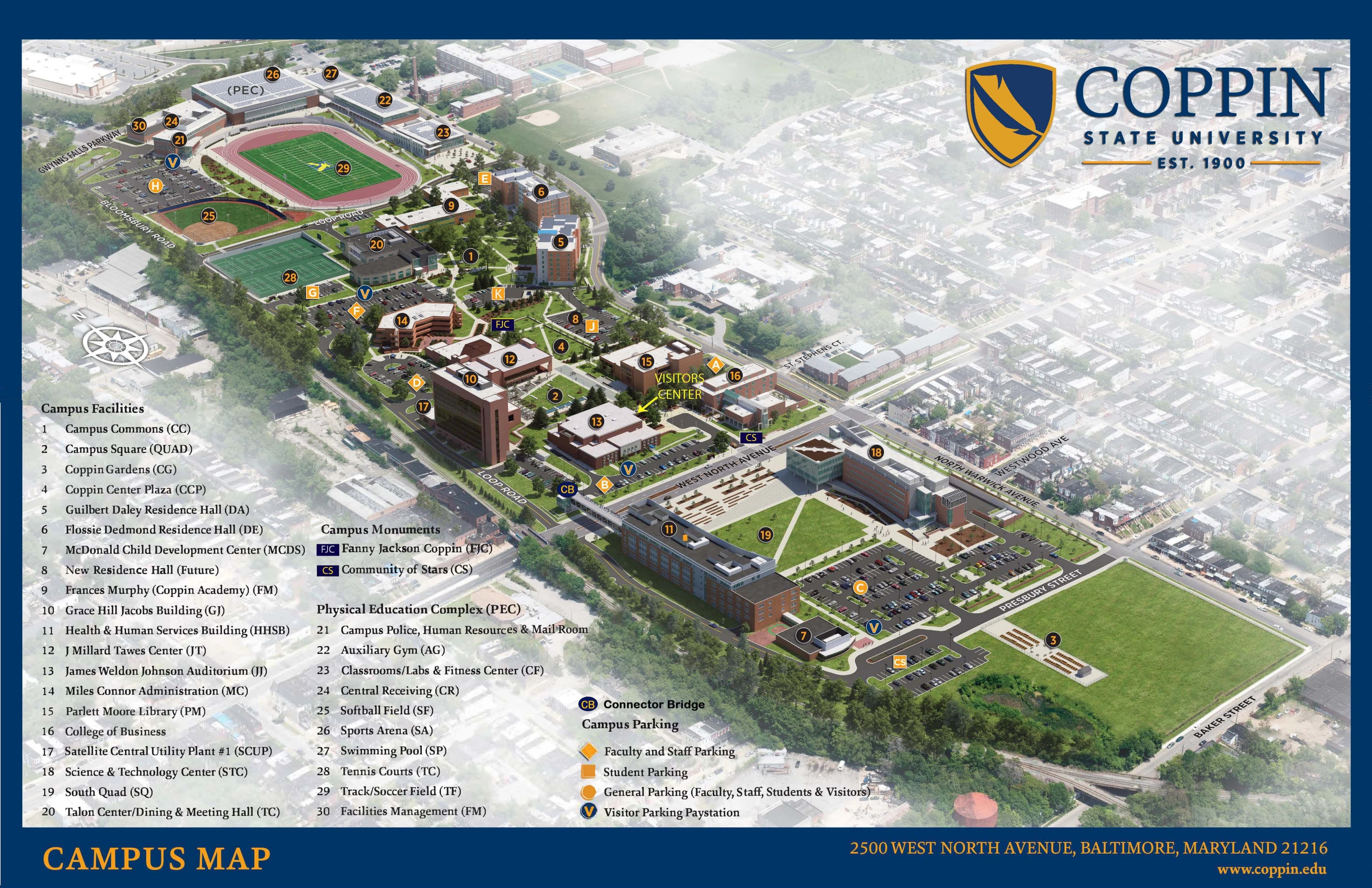Physical Education Complex: Venue layout, Coppin State — campus arrival and arena location. Use the original map for routes and visitor facilities.
