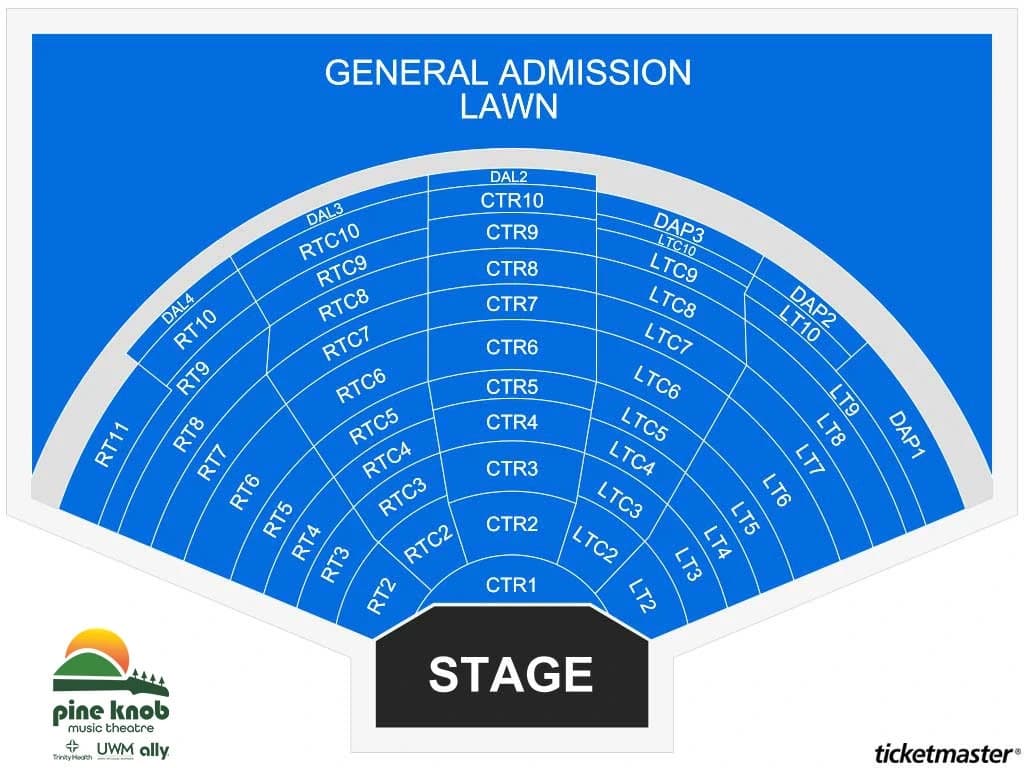 Pine Knob Music Theatre: Seating chart, Concert. Use the source chart for section and row details.