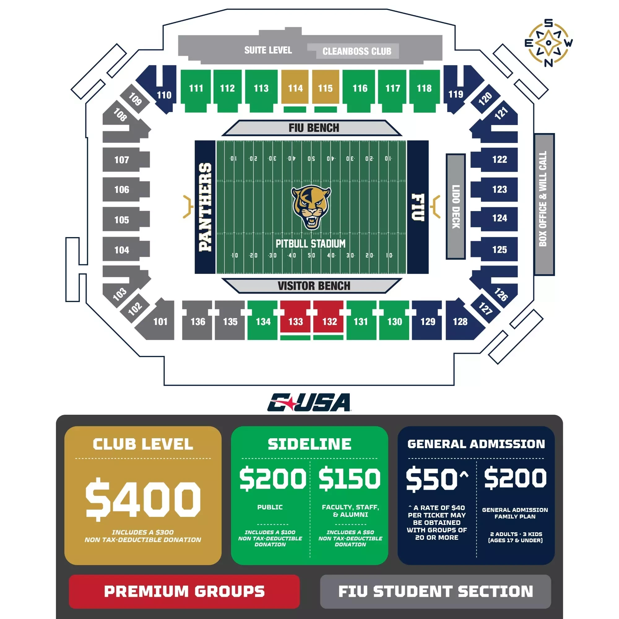 Pitbull Stadium: Seating chart, FIU — official 2026 Pitbull Stadium football seating plan. Use the source chart for section and row details.
