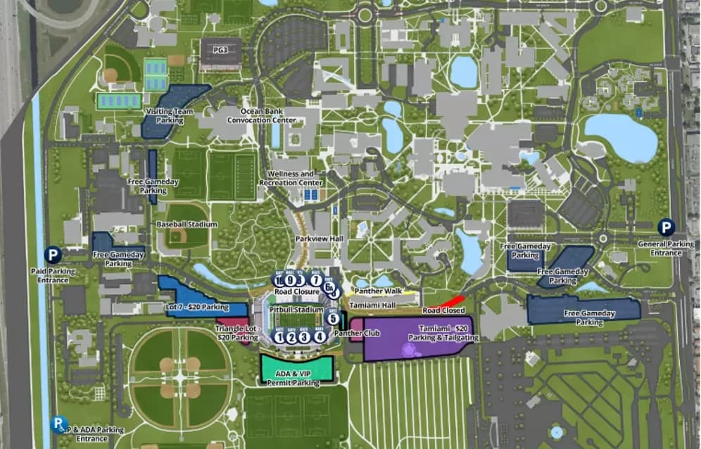 Pitbull Stadium: Venue layout, FIU — official September 2026 football parking and campus approach plan. Use the original map for routes and visitor facilities.