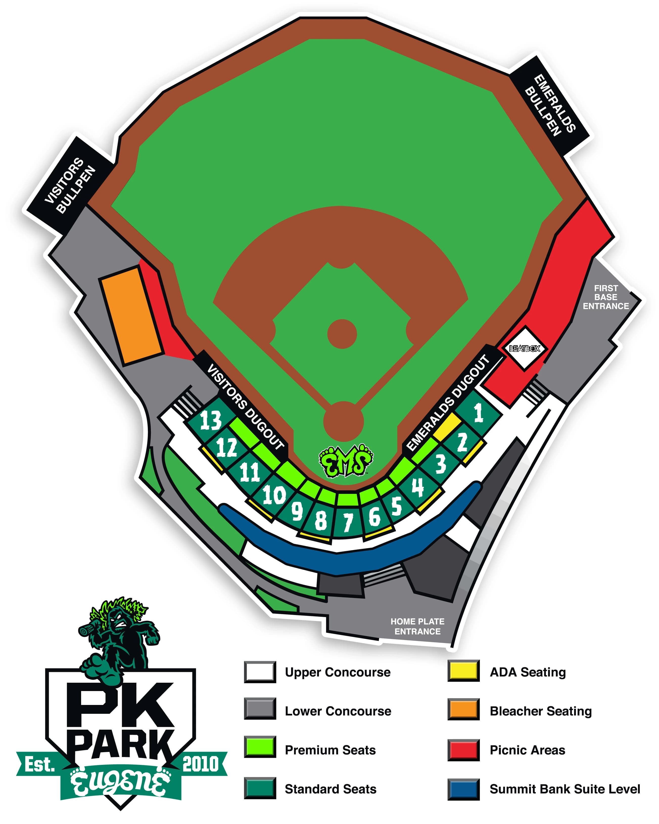 PK Park: Seating chart, PK Park — official-linked numbered seating and category map. Use the source chart for section and row details.