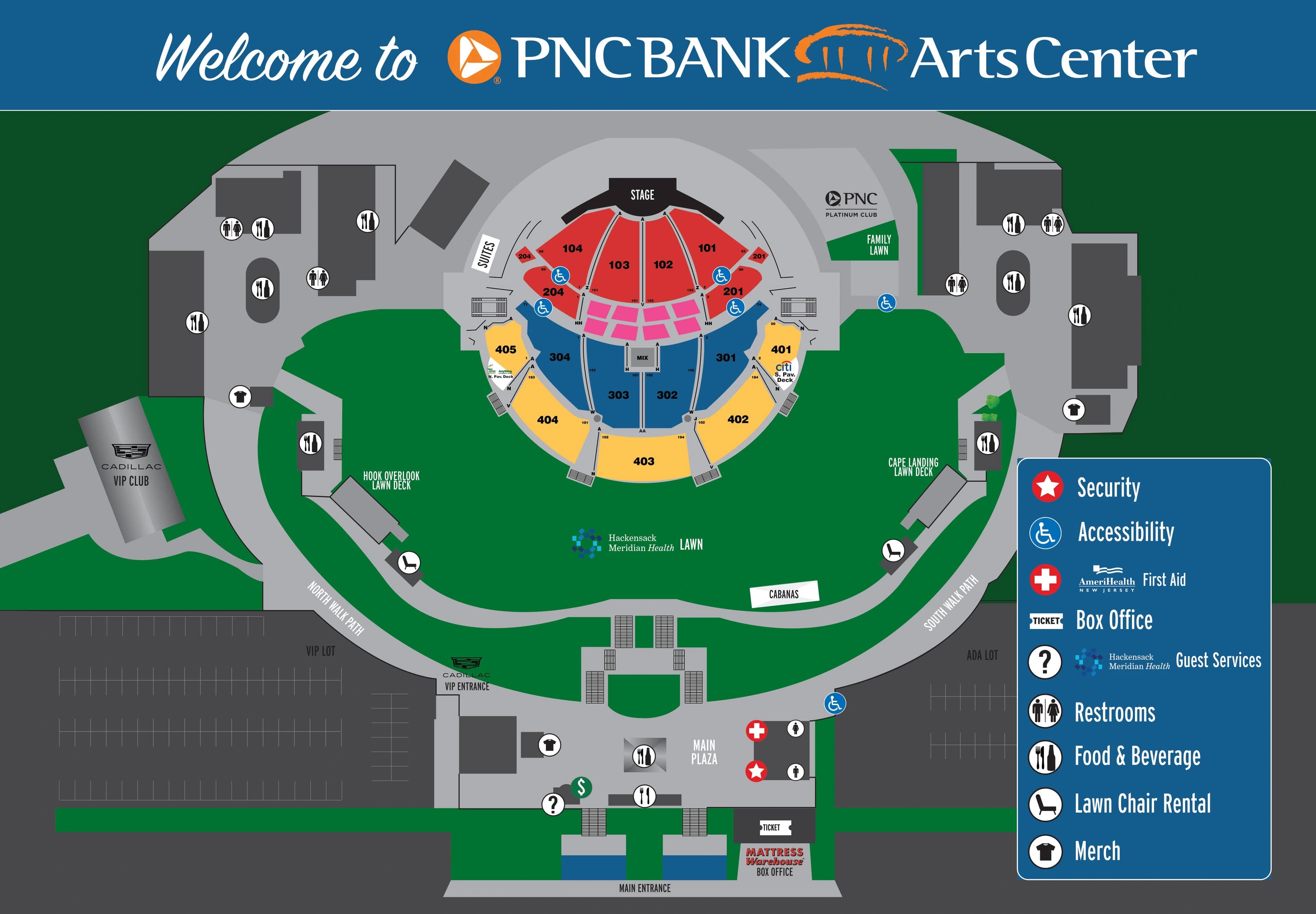 PNC Bank Arts Center: Seating chart, Holmdel · sections, lawn and visitor amenities. Use the source chart for section and row details.