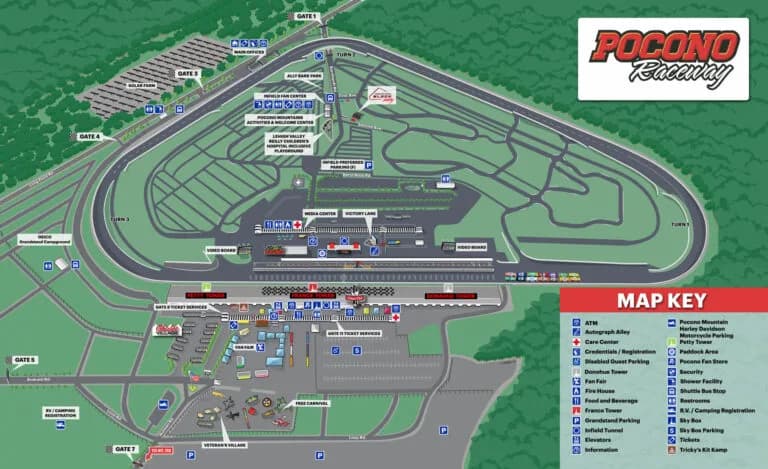 Pocono Raceway: Venue layout, Track and facility map. Use the original map for routes and visitor facilities.