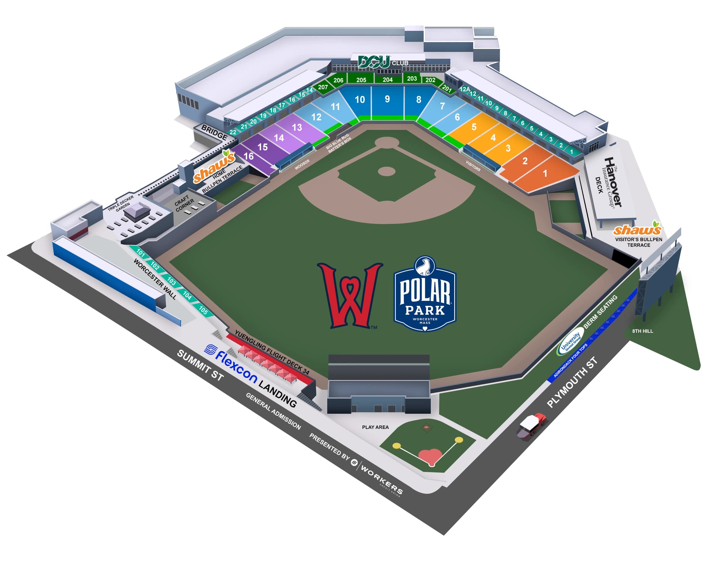 Polar Park: Seating chart, Baseball · Polar Park numbered sections and hospitality areas. Use the source chart for section and row details.