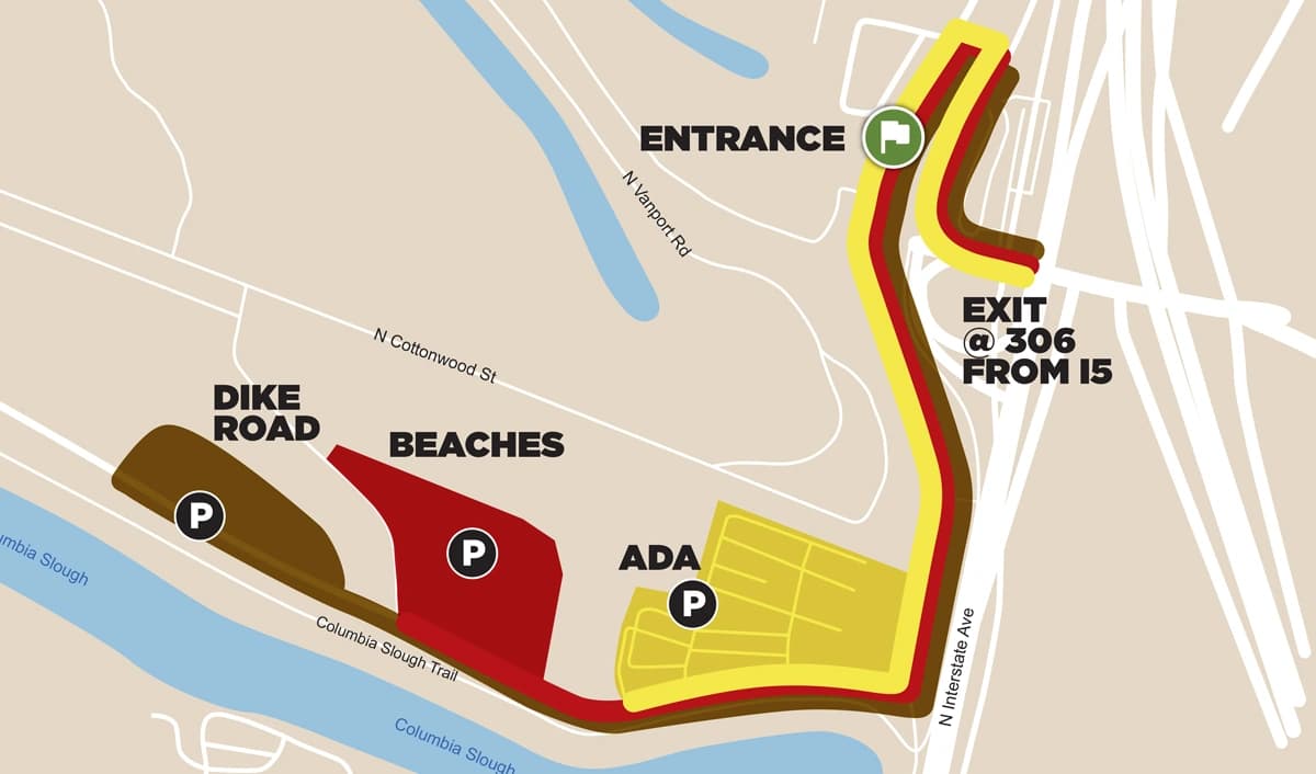 Portland International Raceway: Venue layout, Grand Prix of Portland · Beaches, accessible and Dike parking approaches. Use the original map for routes and visitor facilities.