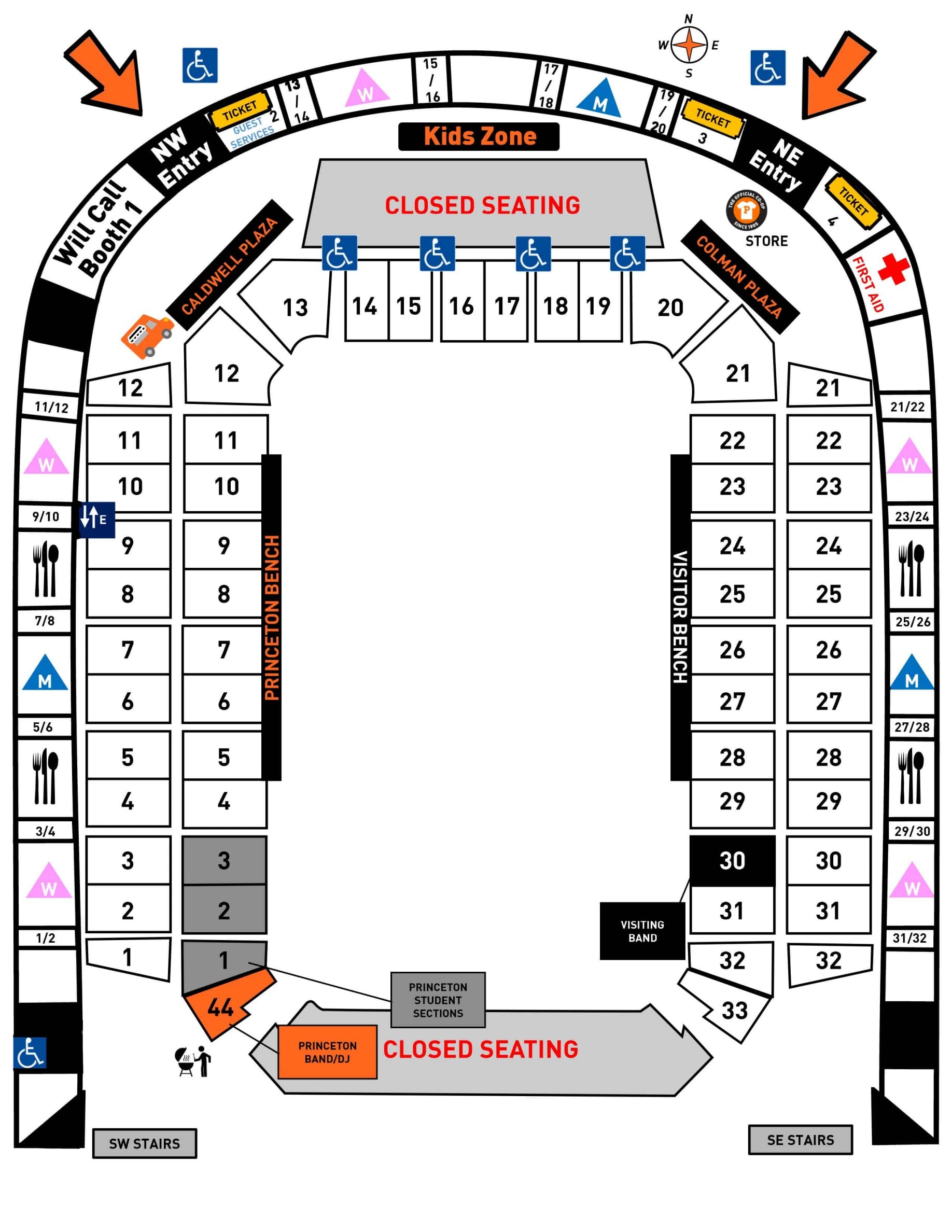 Powers Field at Princeton Stadium: Seating chart, Princeton Stadium — official football section and entrance chart. Use the source chart for section and row details.