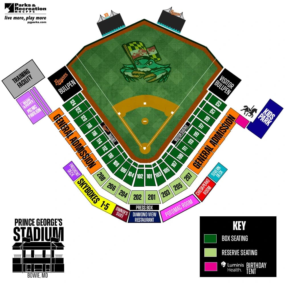 Prince George's Stadium: Seating chart, Prince George’s Stadium — official 2026 seating chart. Use the source chart for section and row details.