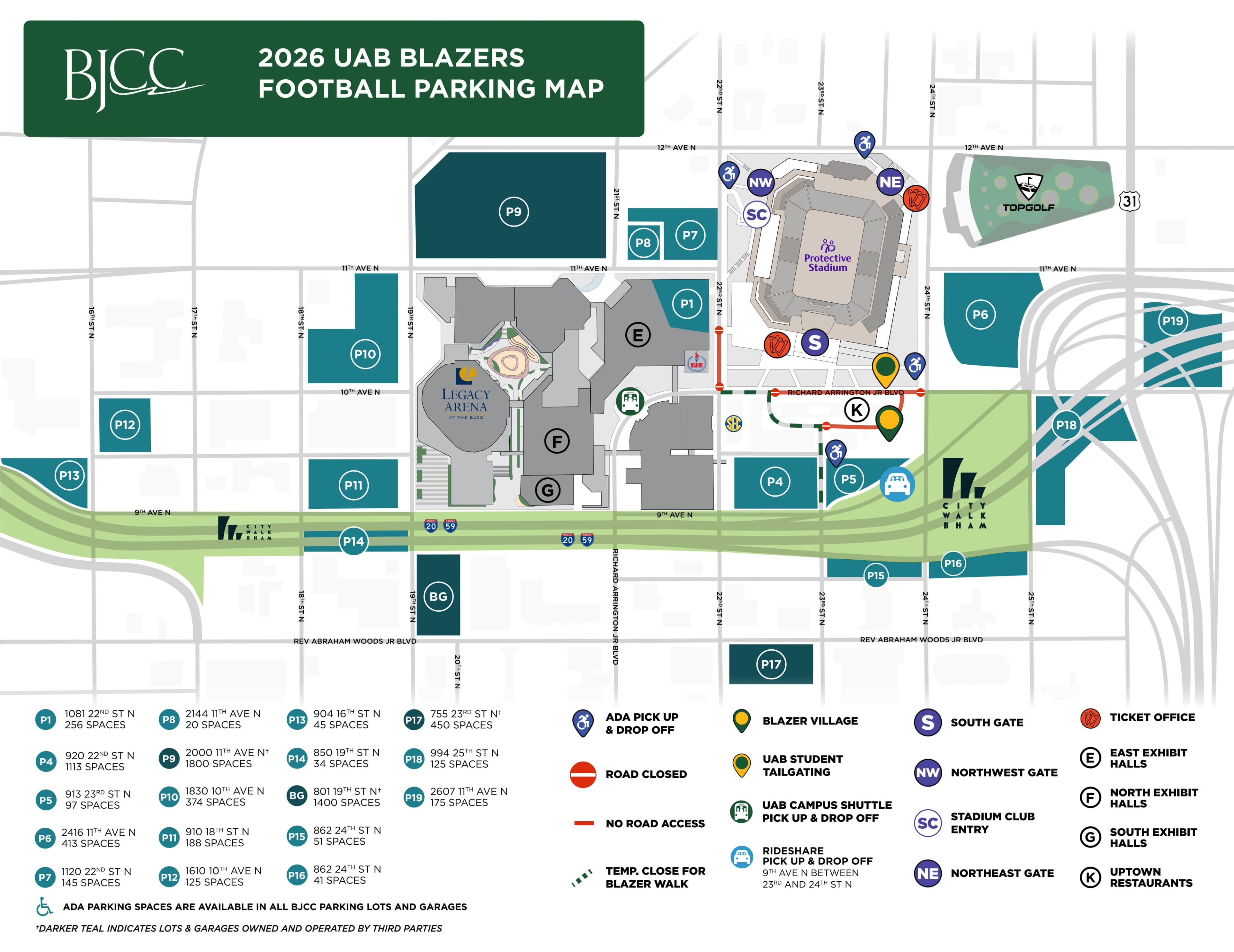 Protective Stadium: Venue layout, Protective Stadium — official 2026 UAB football parking plan. Use the original map for routes and visitor facilities.