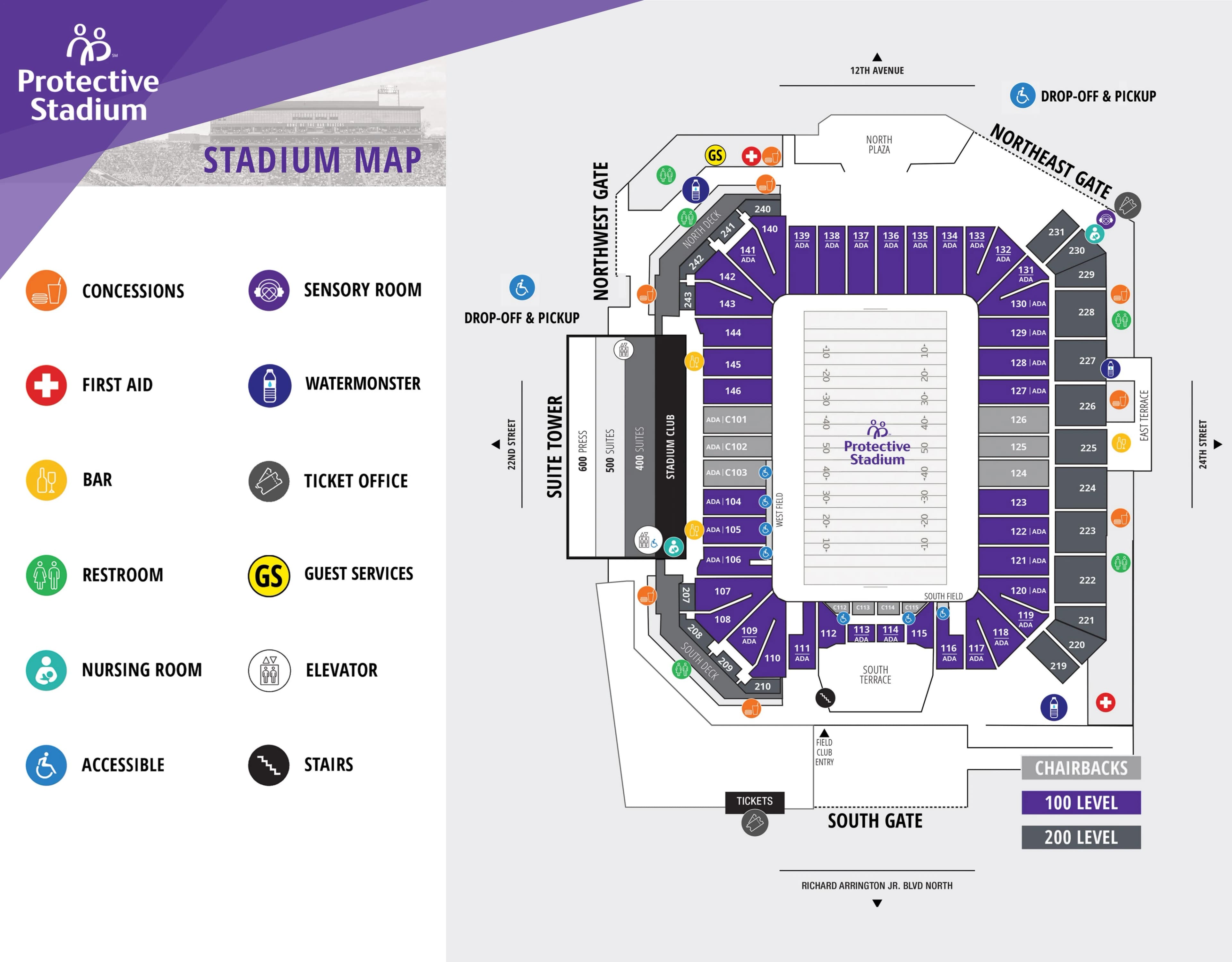 Protective Stadium: Seating chart, Protective Stadium — official current-linked section and amenities plan. Use the source chart for section and row details.
