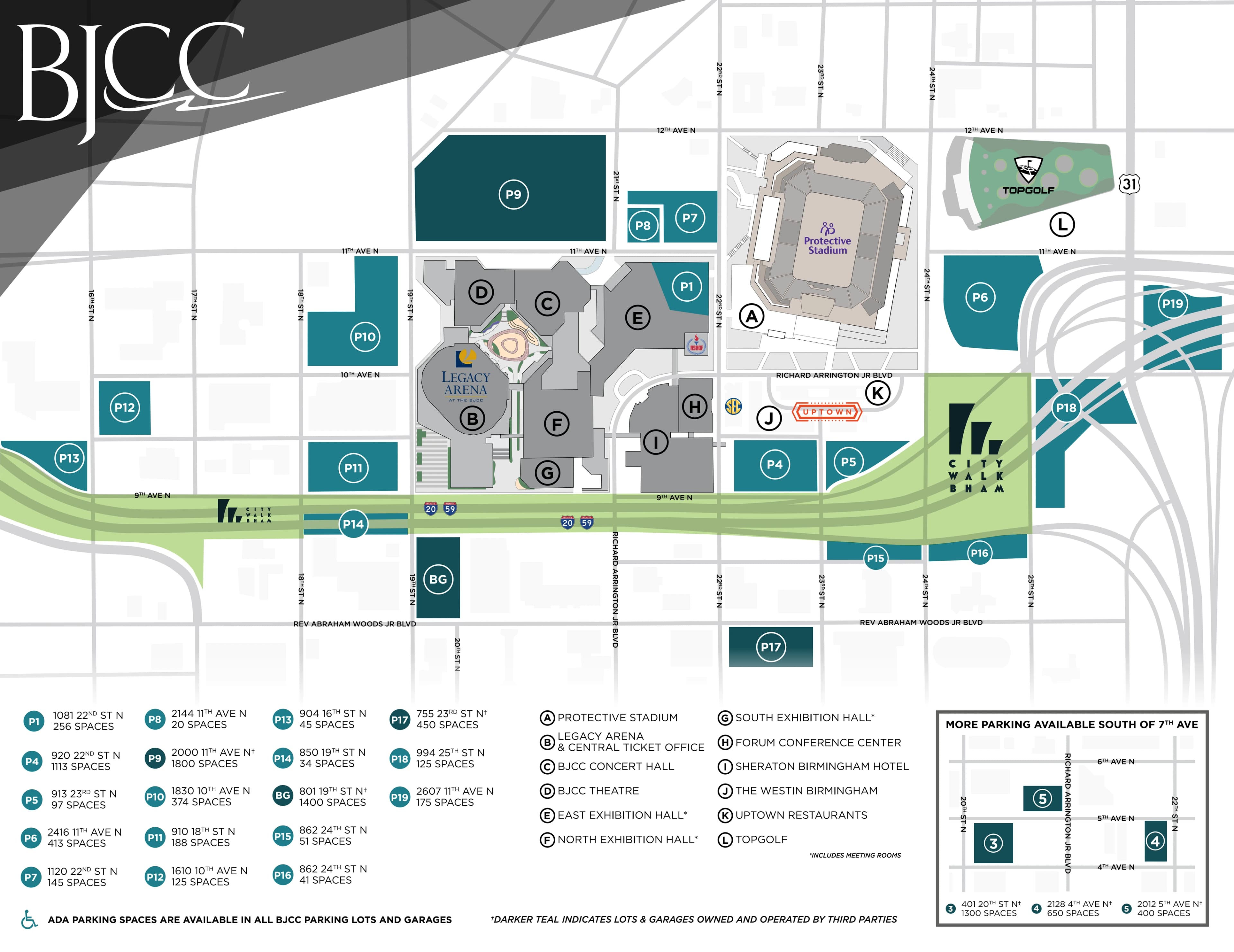 Protective Stadium: Venue layout, Protective Stadium — official 2026 BJCC campus parking plan. Use the original map for routes and visitor facilities.