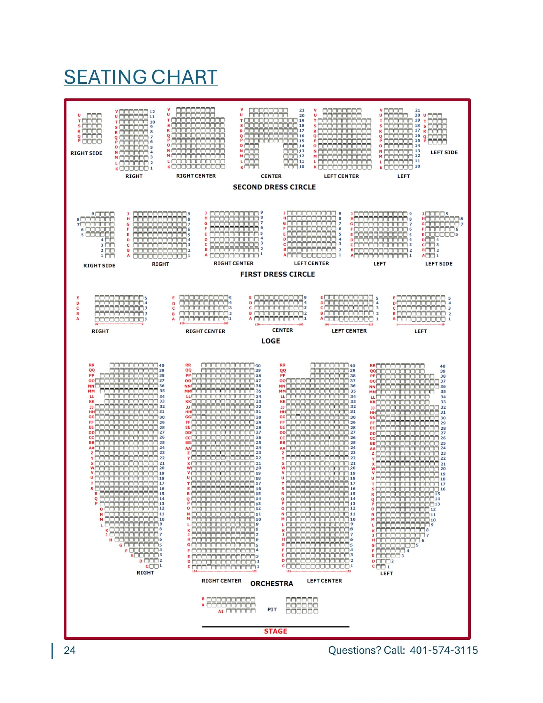 Providence Performing Arts Center: Seating chart, Orchestra, loge and dress circles · owner technical-packet seating chart. Use the source chart for section and row details.