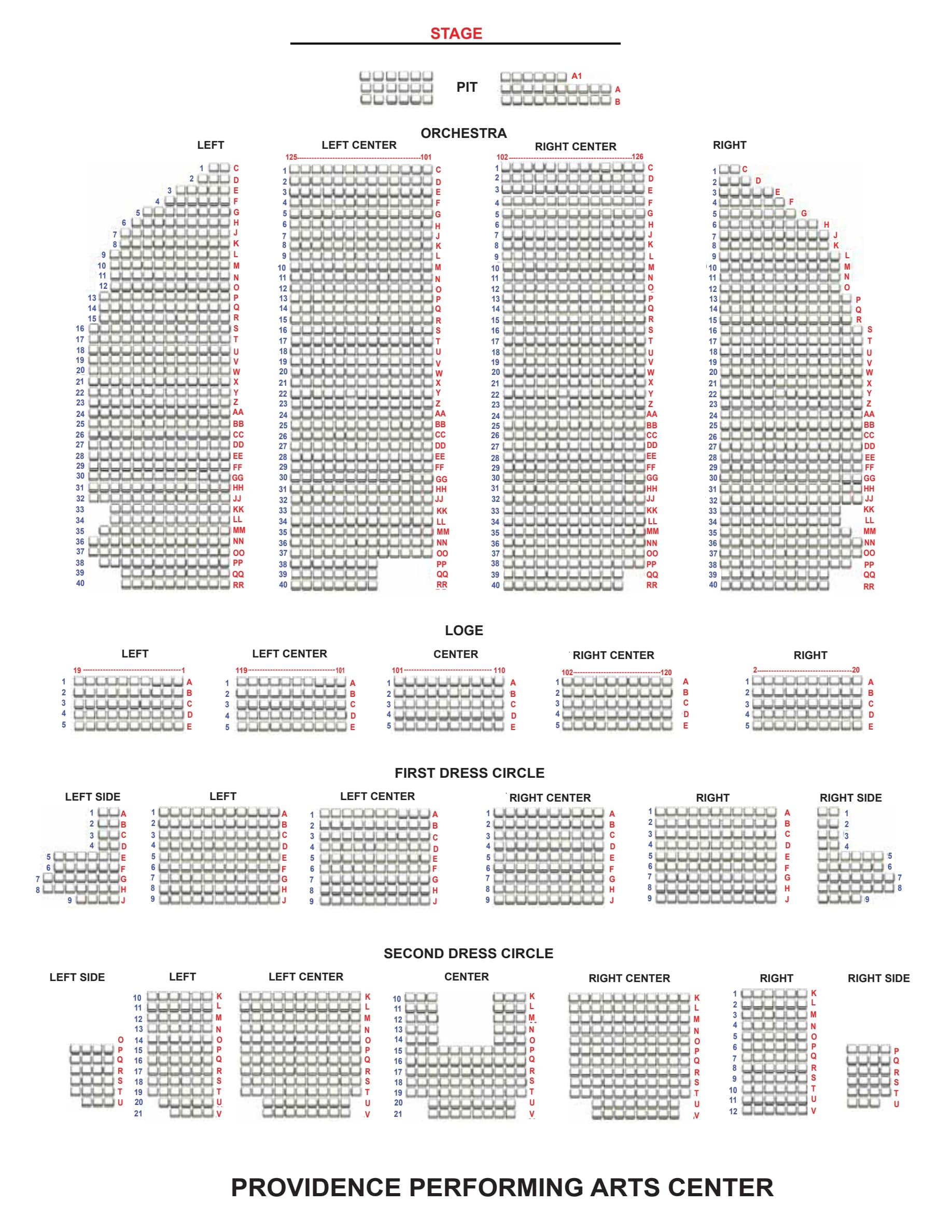 Providence Performing Arts Center: Seating chart, Theatre. Use the source chart for section and row details.