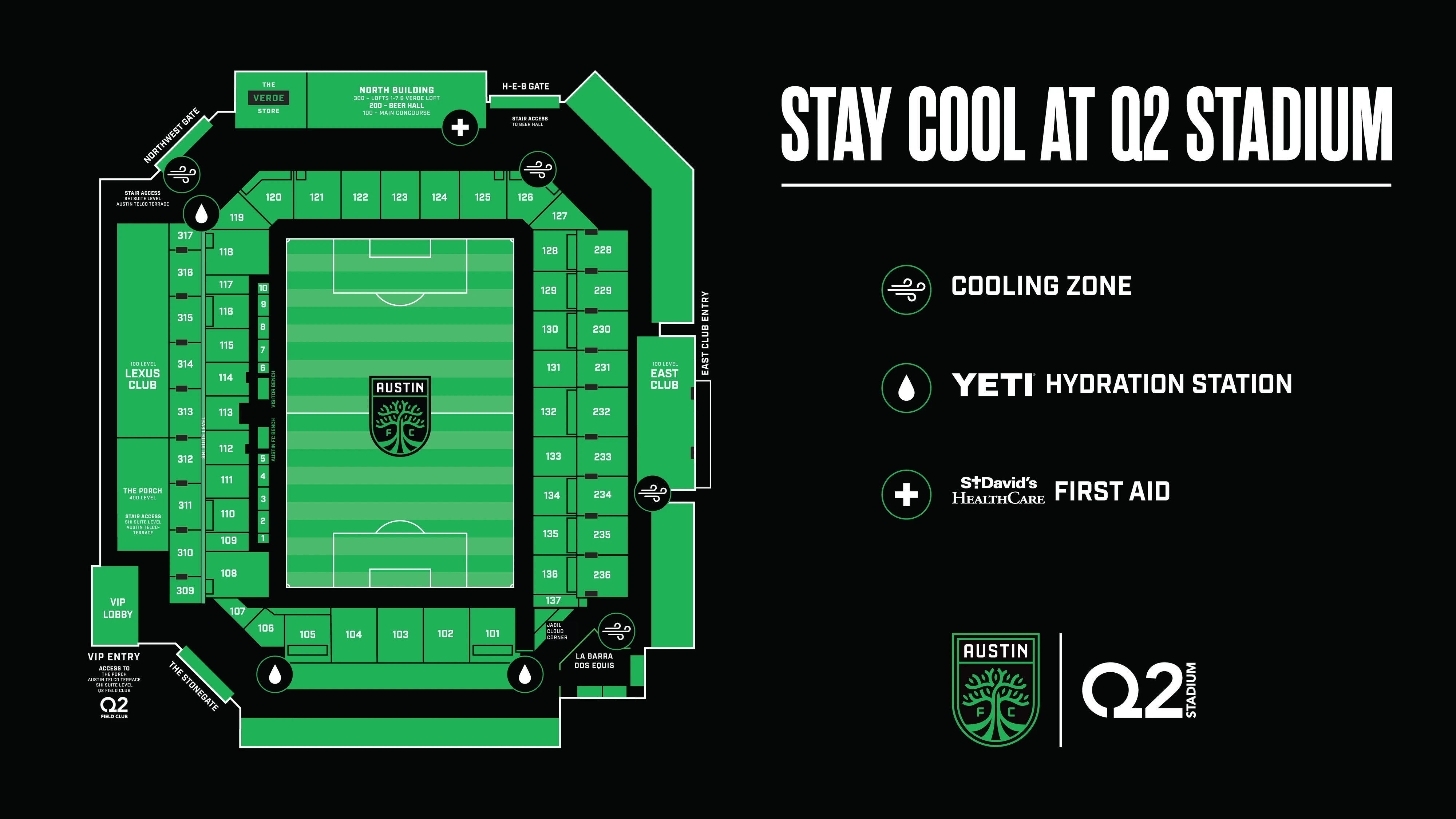 Q2 Stadium: Venue layout, Q2 Stadium — 2026 heat relief, hydration and first aid. Use the original map for routes and visitor facilities.
