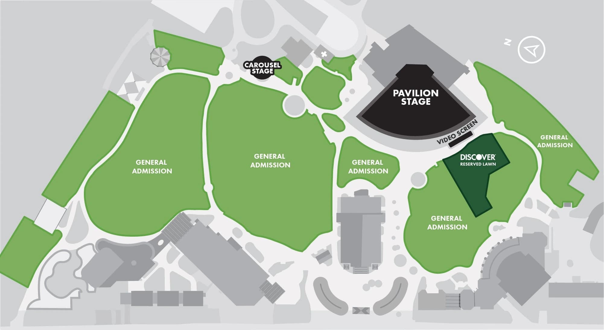 Ravinia Festival: Venue layout, Ravinia — general-admission and reserved Lawn areas. Use the original map for routes and visitor facilities.