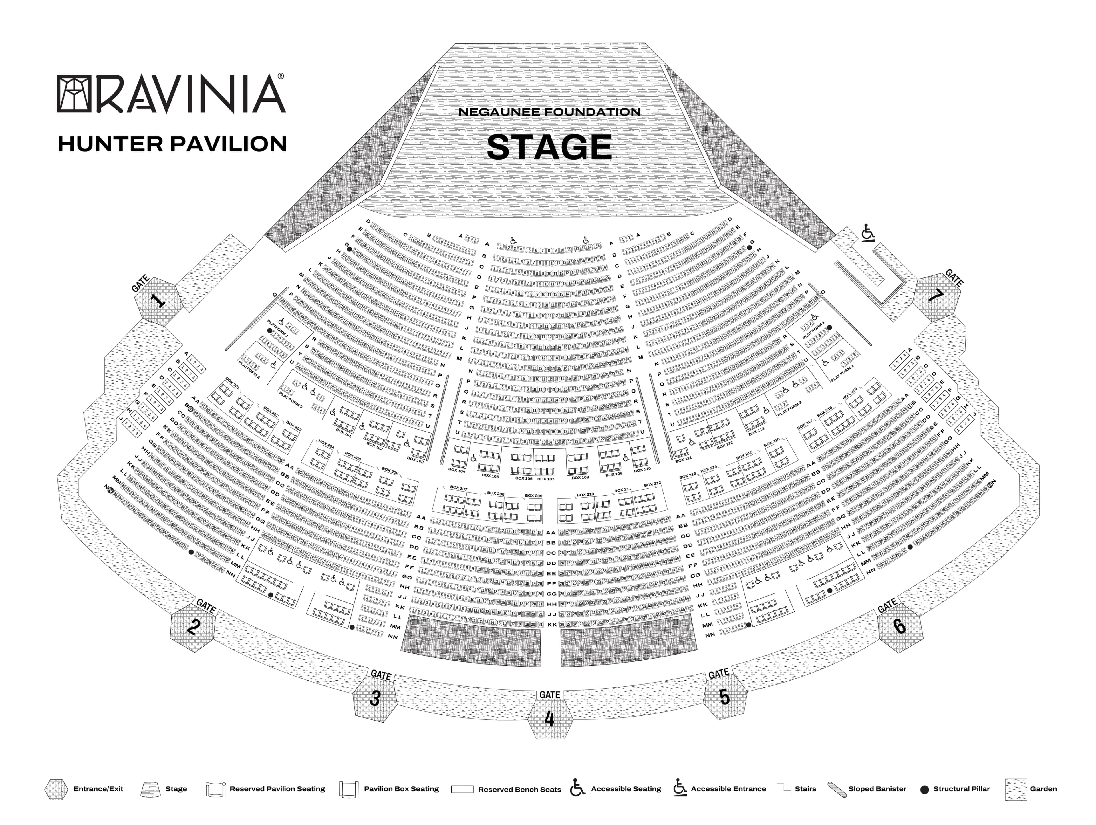 Ravinia Festival: Seating chart, Ravinia — Hunter Pavilion reserved seats and boxes. Use the source chart for section and row details.