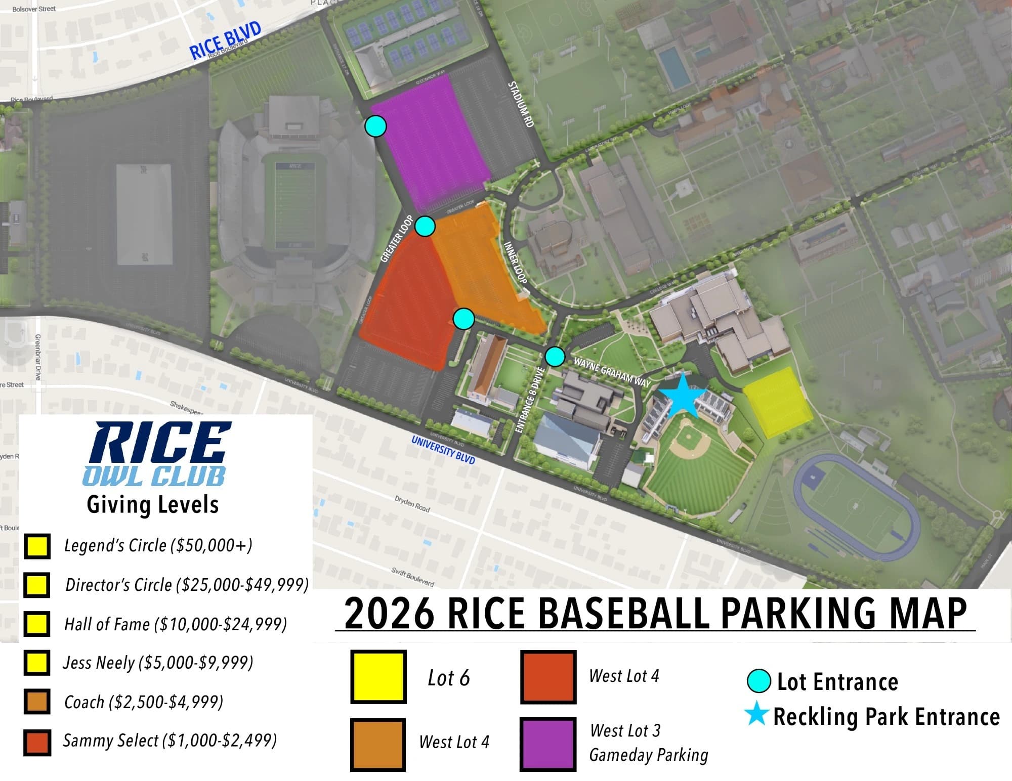 Reckling Park: Venue layout, Reckling Park — official 2026 baseball parking plan. Use the original map for routes and visitor facilities.