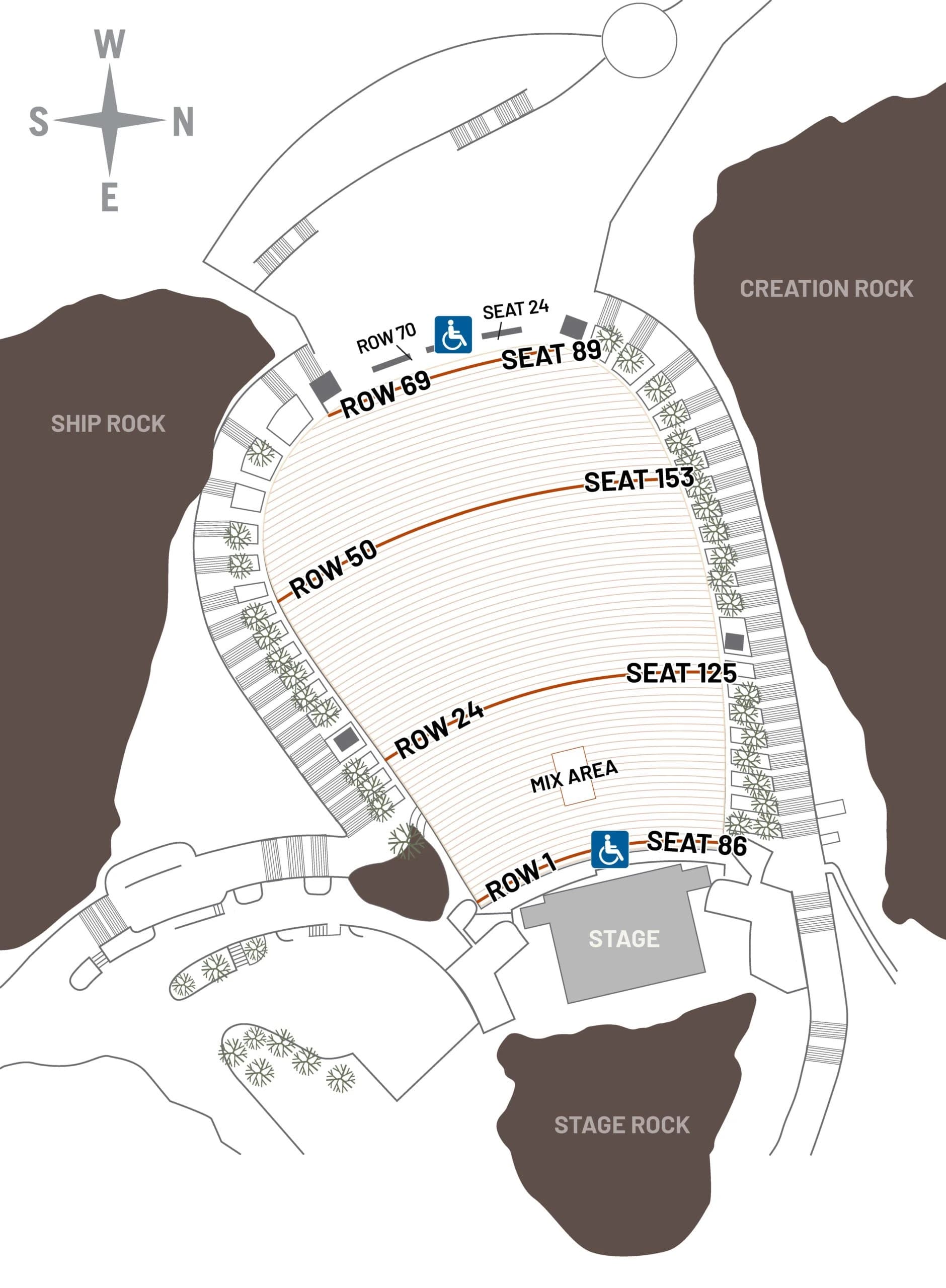 Red Rocks Amphitheatre: Seating chart, Red Rocks Amphitheatre — official bench-row and seat-range map. Use the source chart for section and row details.