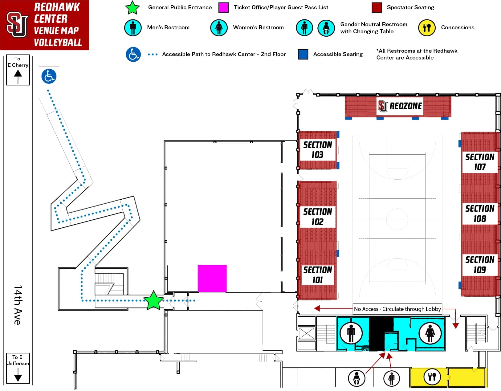 Redhawk Center: Seating chart, Current Redhawk Center volleyball · seating areas and second-floor access. Use the source chart for section and row details.