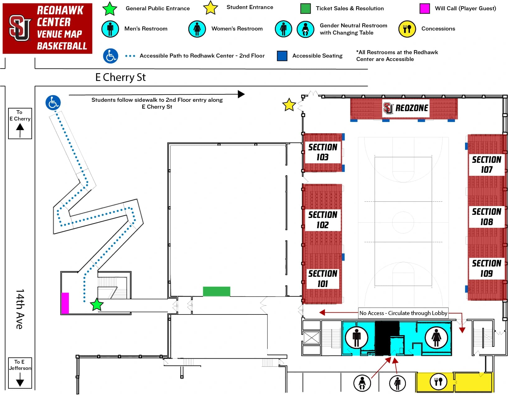 Redhawk Center: Seating chart, Current Redhawk Center basketball · seating areas and second-floor access. Use the source chart for section and row details.
