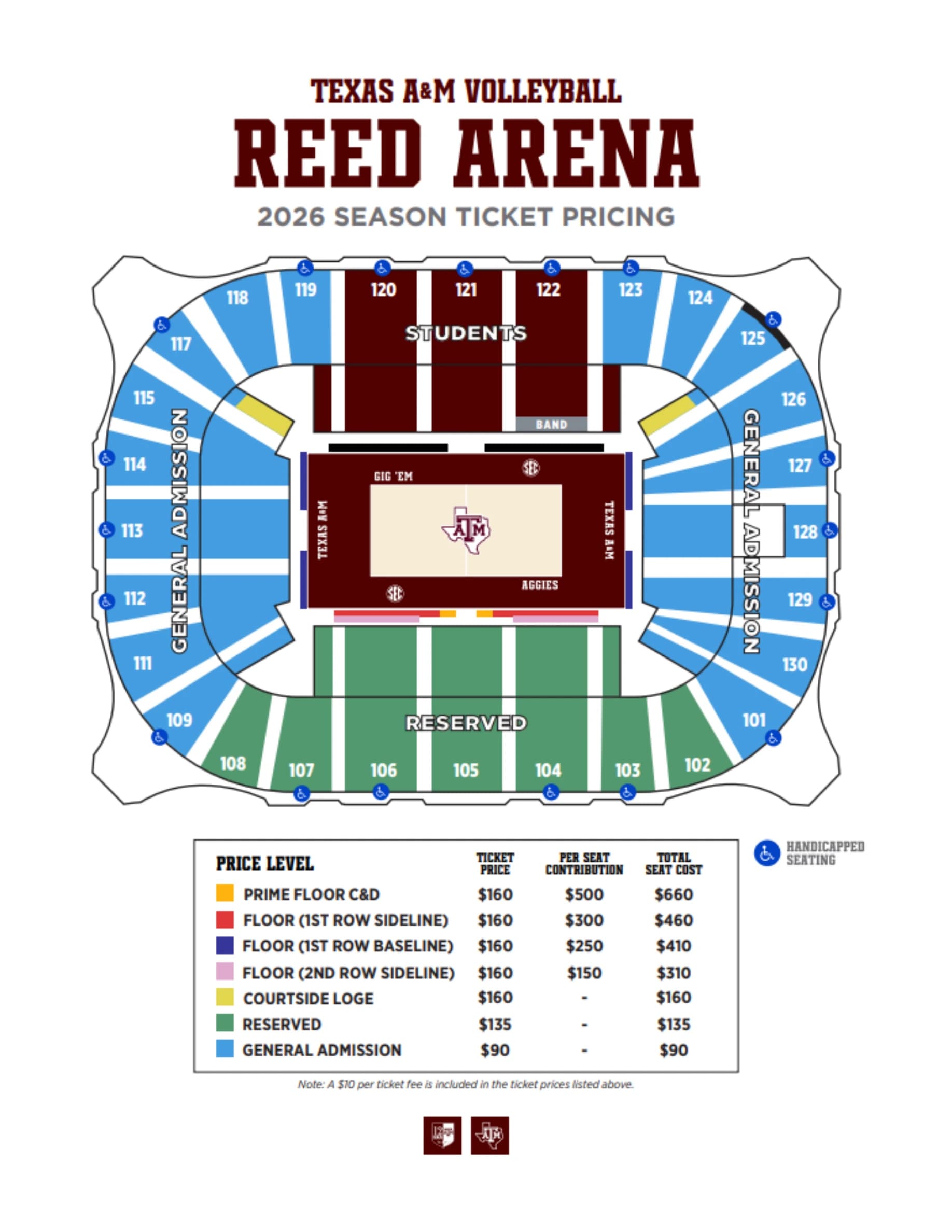 Reed Arena: Seating chart, Volleyball · 2026. Use the source chart for section and row details.
