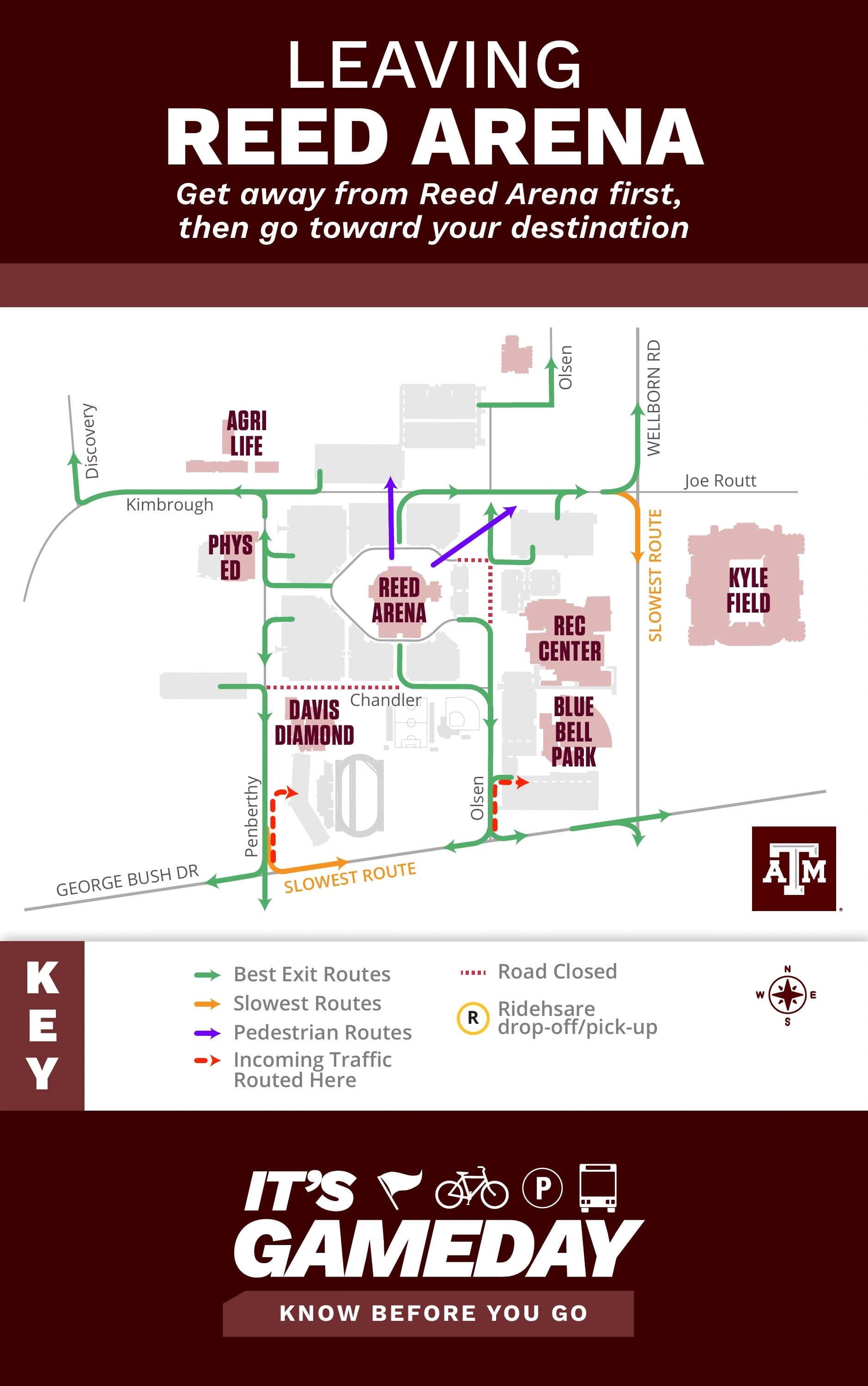 Reed Arena: Venue layout, Reed Arena men’s basketball postgame exit routes. Use the original map for routes and visitor facilities.