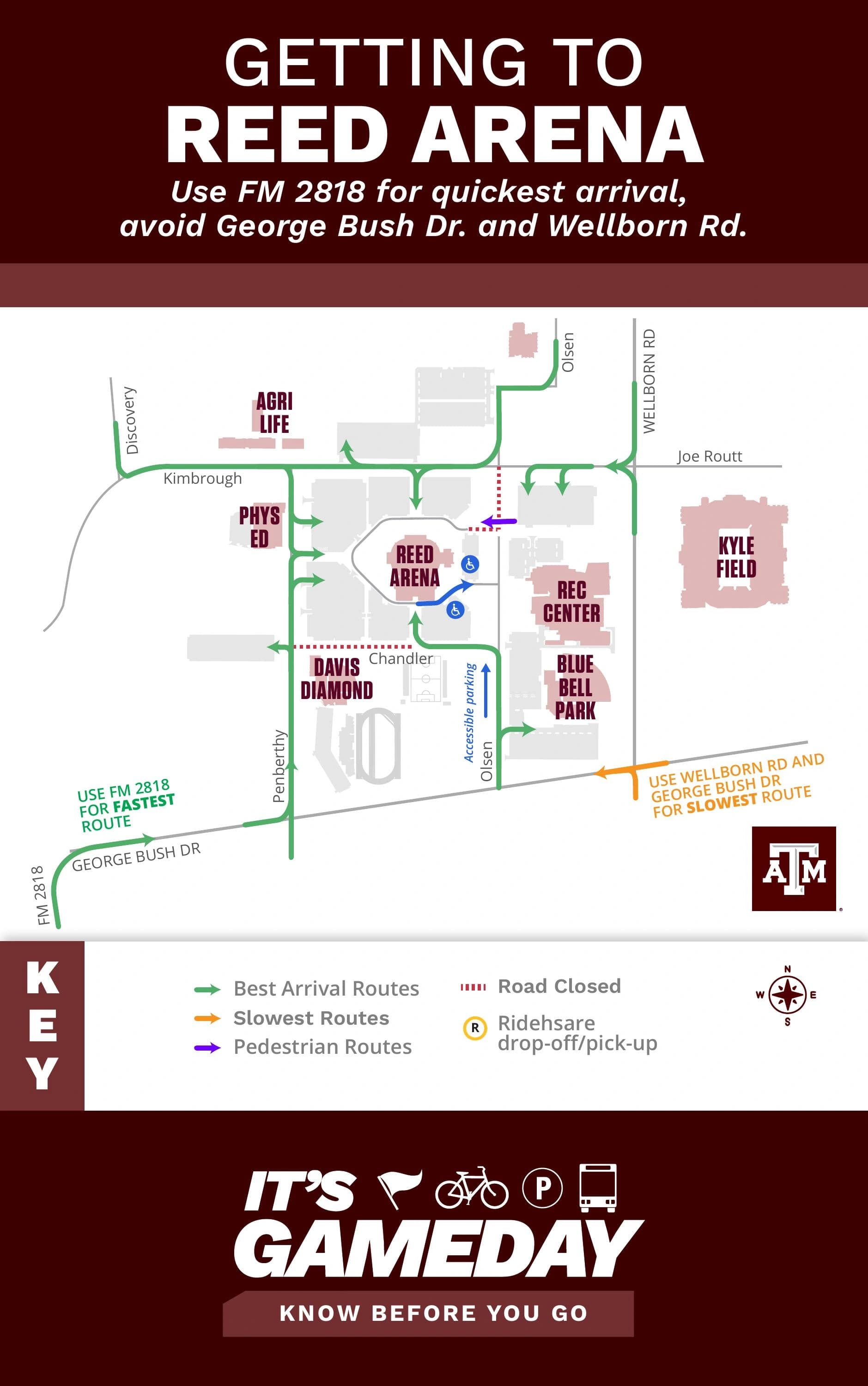 Reed Arena: Venue layout, Reed Arena men’s basketball arrival routes and accessible approach. Use the original map for routes and visitor facilities.