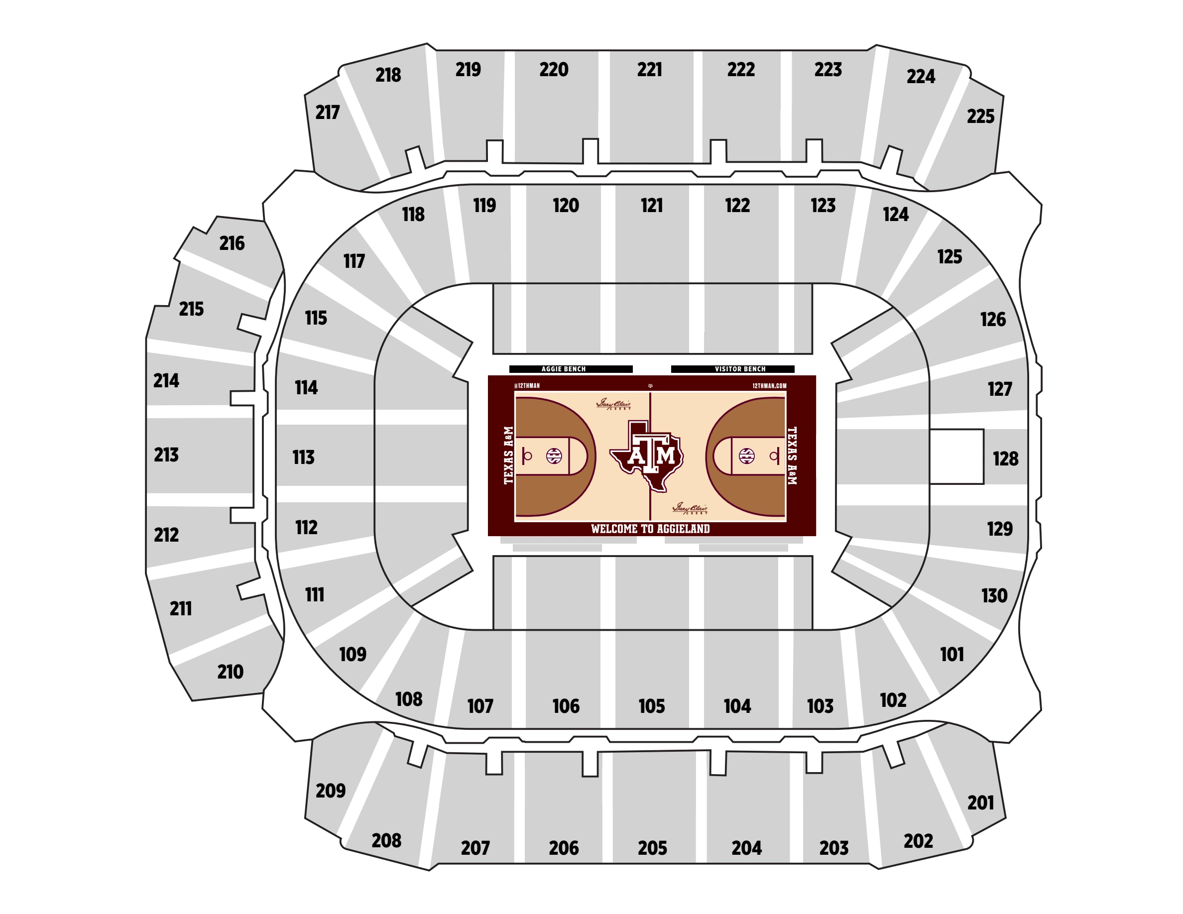 Reed Arena: Seating chart, Men’s basketball. Use the source chart for section and row details.