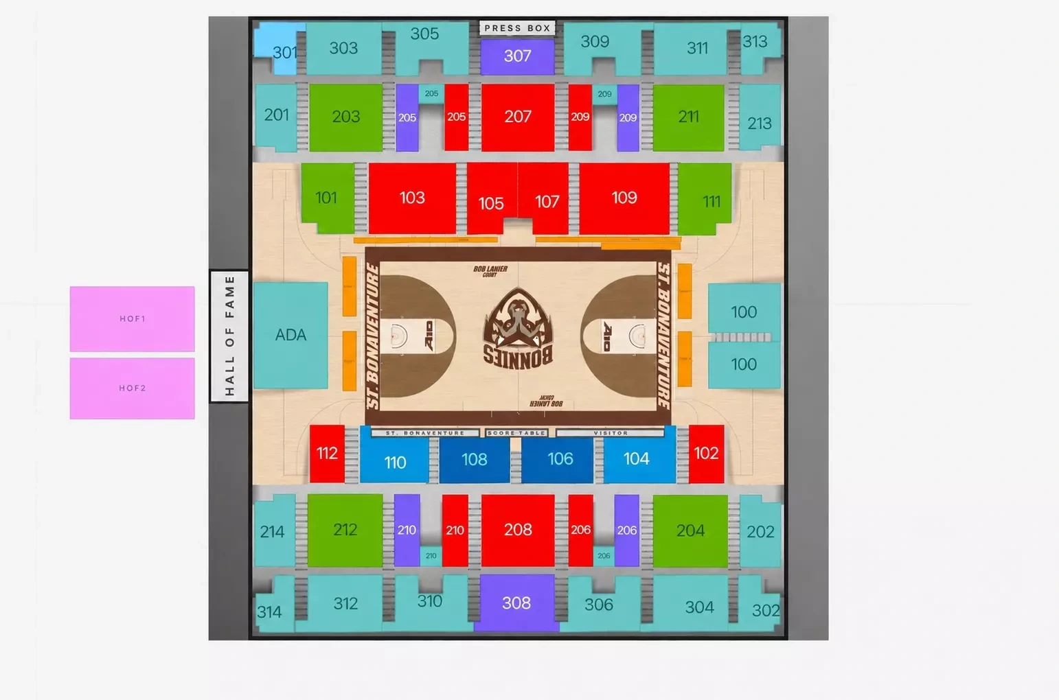 Reilly Center: Seating chart, 2026–27 basketball chart · numbered levels, benches and ADA area. Use the source chart for section and row details.