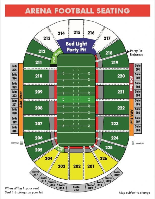 Resch Center: Seating chart, Resch Center — arena football sections and rows. Use the source chart for section and row details.