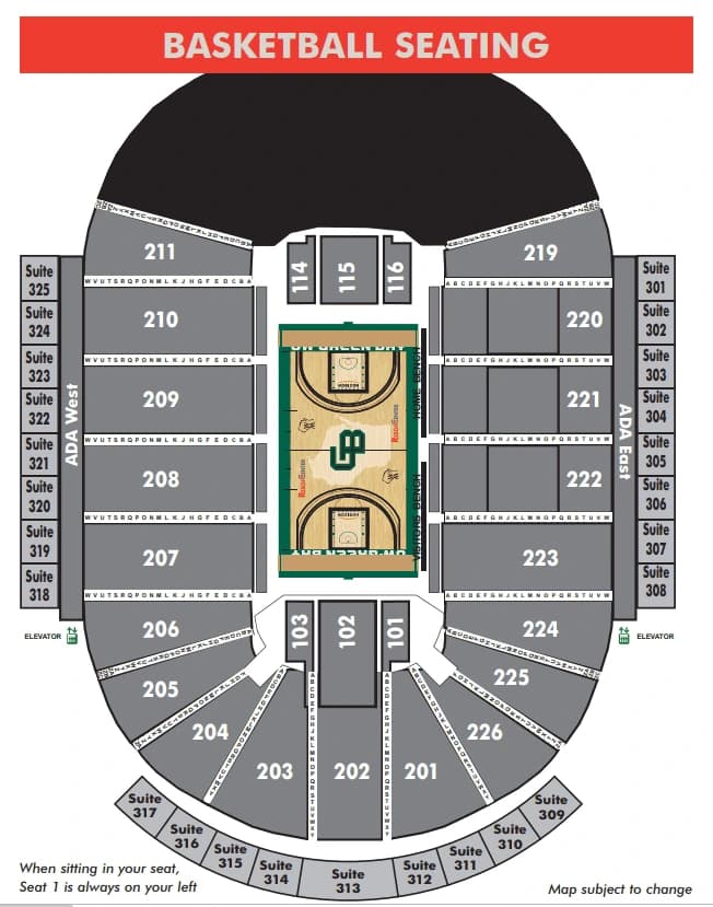 Resch Center: Seating chart, Resch Center — Green Bay basketball sections and rows. Use the source chart for section and row details.